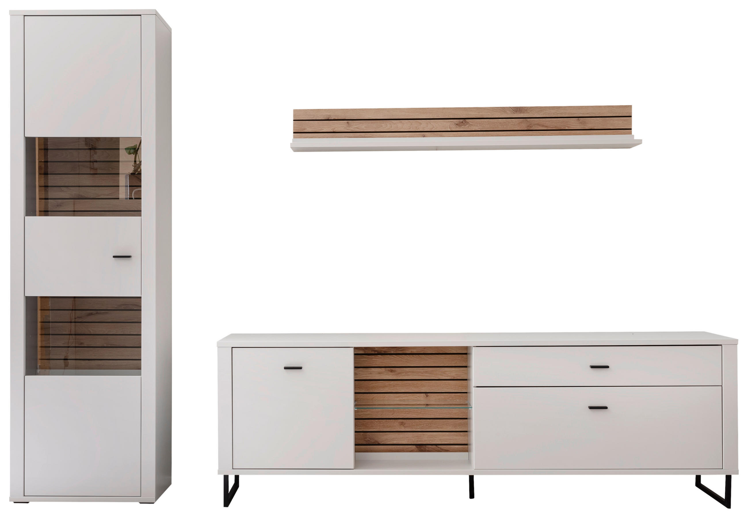 WOHNWAND  in Weiss, Eichefarben 287/206/44 cm  - Weiss/Eichefarben, Design, Glas/Holzwerkstoff (287/206/44cm) - Stylife