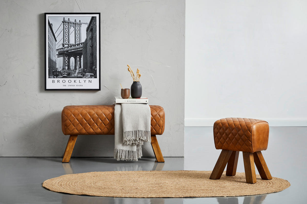 HOCKER Echtleder Mangoholz Braun  - Naturfarben/Braun, LIFESTYLE, Leder/Holz (42/45/35cm) - Livetastic