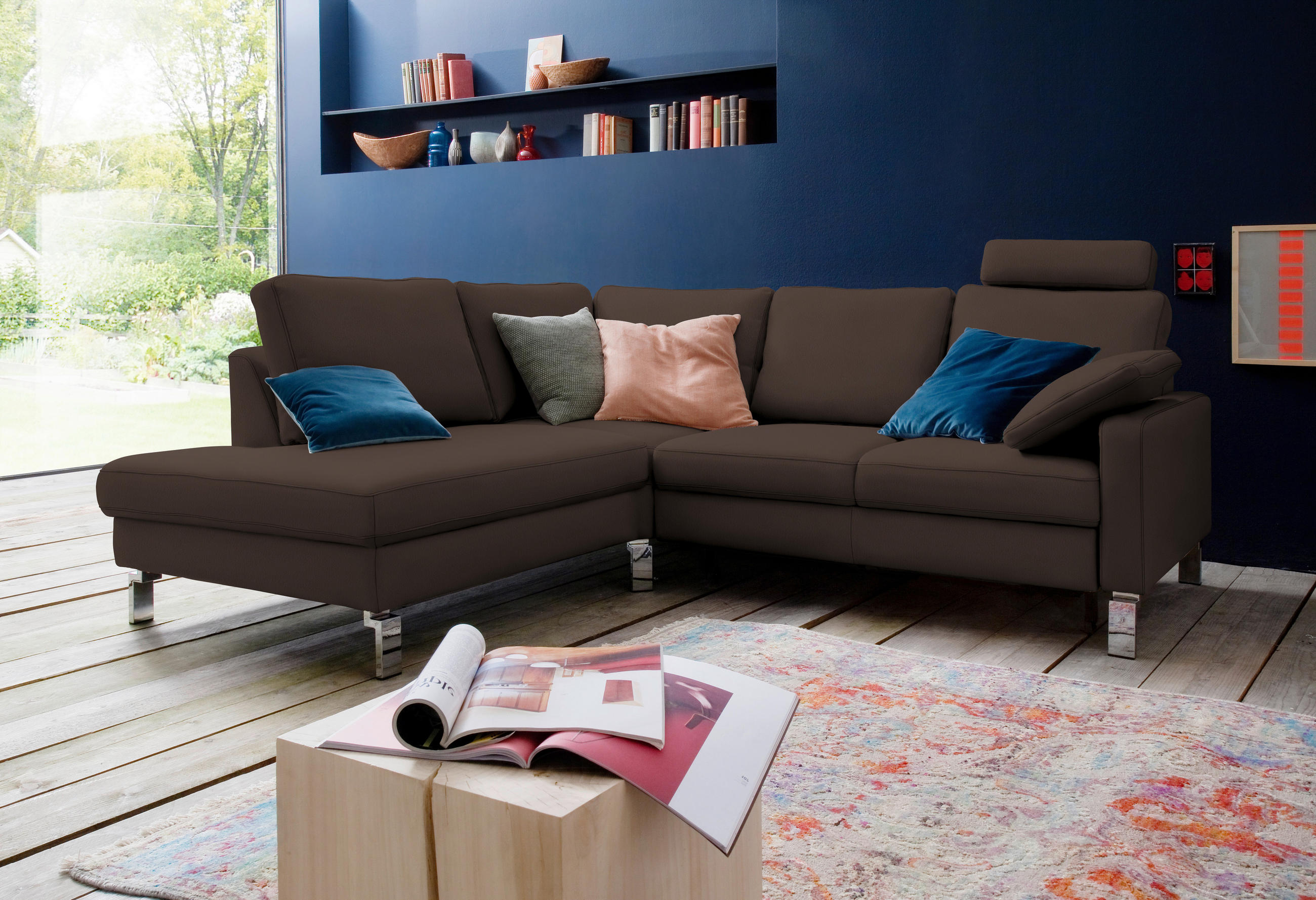 ECKSOFA in Echtleder Dunkelbraun  - Chromfarben/Dunkelbraun, Design, Leder/Metall (200/281cm) - Pure Home Lifestyle