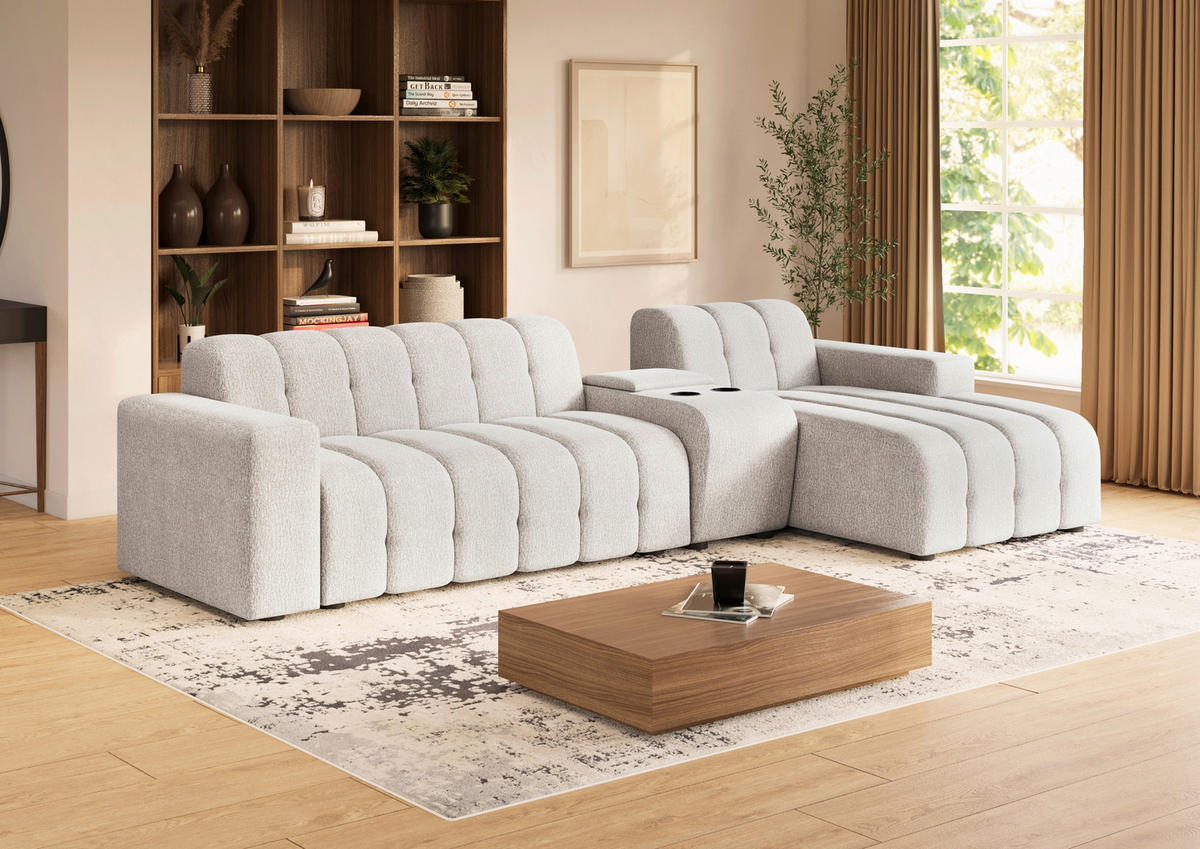 ECKSOFA Perlmutt Chenille Stauraum, Getränkehalter  - Perlmutt/Schwarz, MODERN, Kunststoff/Textil (299/150cm) - Milino