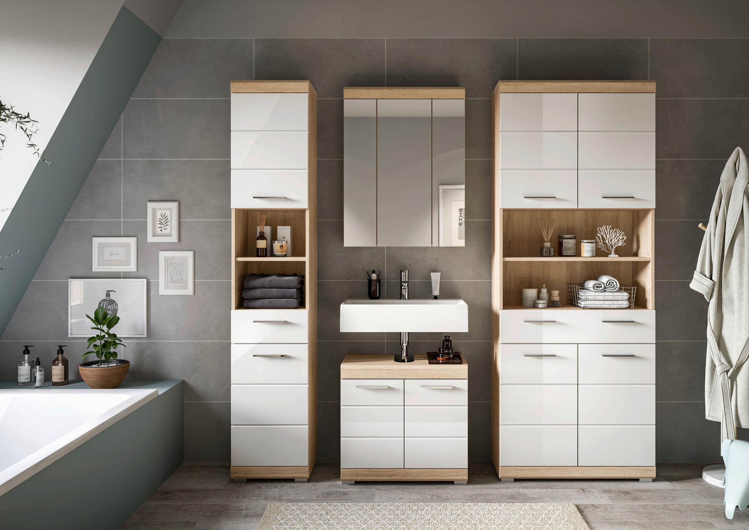 BADEZIMMER 4-teilig  in 165 cm  - Weiß Hochglanz/Silberfarben, MODERN, Glas/Holzwerkstoff (165cm) - MID.YOU