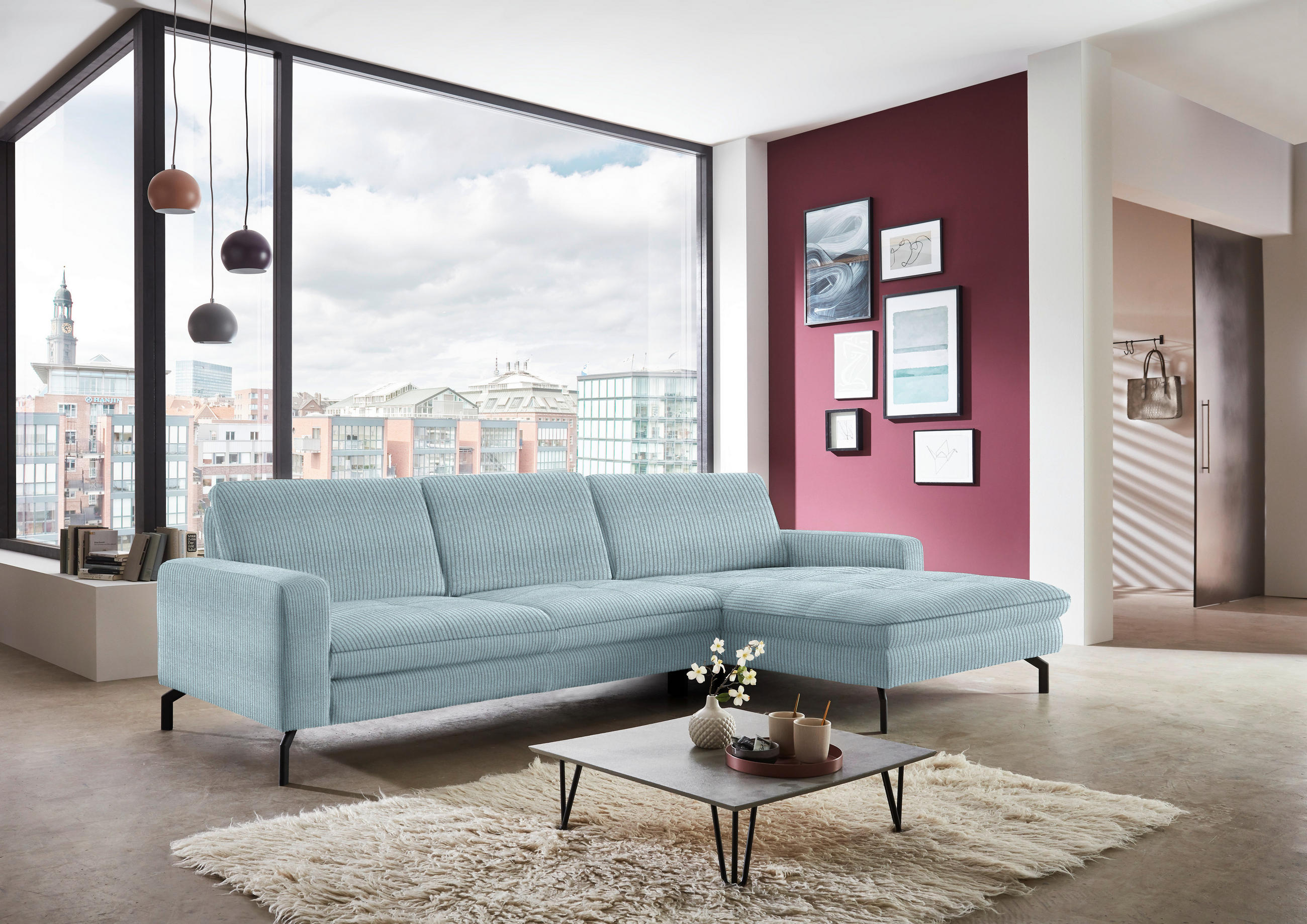 ECKSOFA in Cord Hellblau  - Schwarz/Hellblau, Design, Textil/Metall (302/178cm) - Beldomo Style