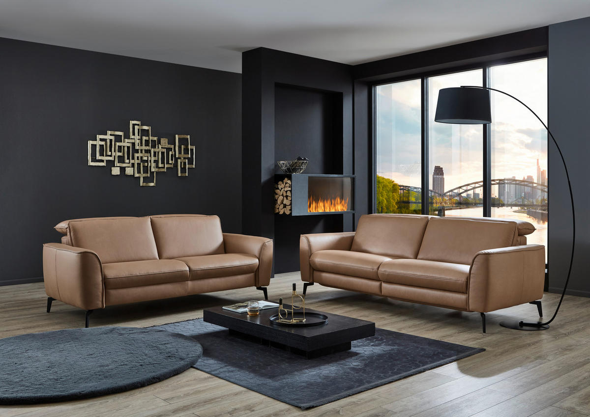 3-SITZER-SOFA in Echtleder Haselnussfarben  - Schwarz/Haselnussfarben, Natur, Leder/Metall (222/81/110cm) - Valdera