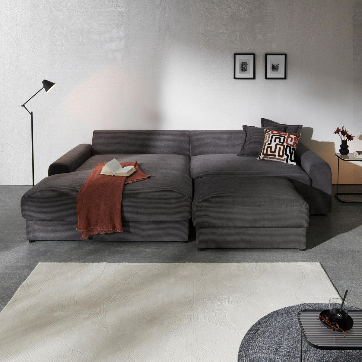 ECKSOFA in Cord Dunkelgrau  - Dunkelgrau/Schwarz, Modern, Kunststoff/Textil (180/300cm) - Carryhome