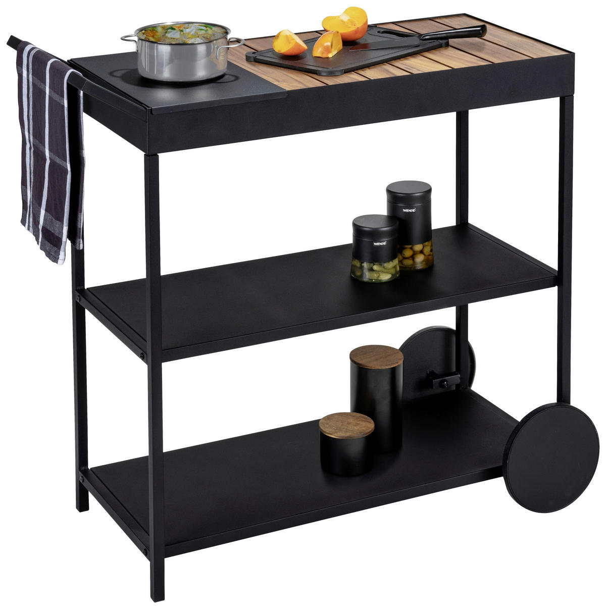 SERVIERWAGEN Akazie massiv Schwarz, Akaziefarben  - Schwarz/Akaziefarben, Design, Holz/Metall (80/40/98cm) - Wenko