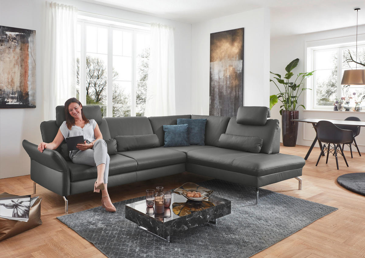 ECKSOFA in Echtleder Anthrazit  284/220 cm  - Anthrazit/Alufarben, KONVENTIONELL, Leder/Metall (284/220cm) - Beldomo Premium