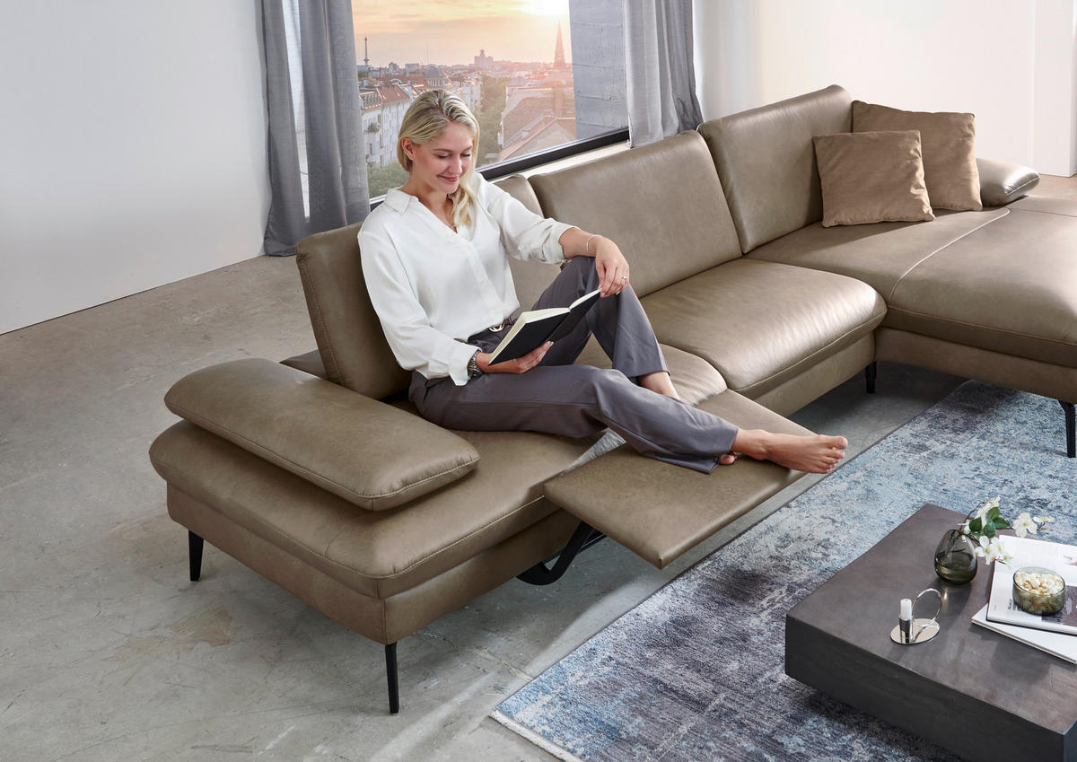 ECKSOFA in Echtleder Graubraun  - Graubraun/Schwarz, Design, Leder/Metall (157/325cm) - Dieter Knoll