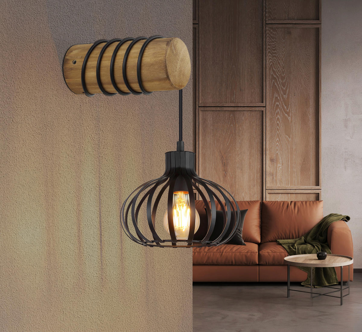 WANDLEUCHTE Caldwell 20/59 cm   - Schwarz/Braun, Natur, Holz/Kunststoff (20/59cm) - Globo