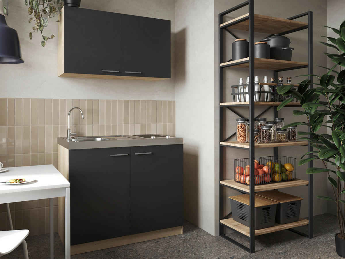 MINIKÜCHE 100 cm   in Schwarz, Eichefarben  - Eichefarben/Silberfarben, Basics, Holzwerkstoff/Metall (100cm) - Respekta