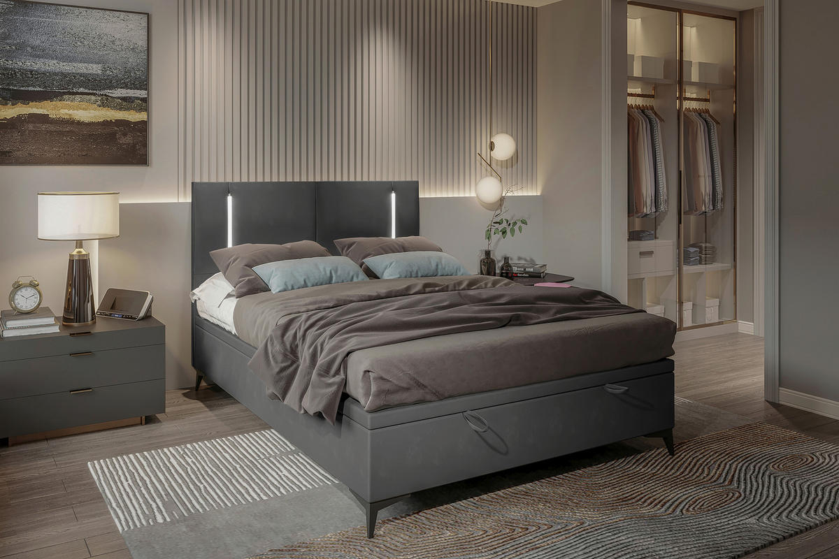 BOXBETT 140/200 cm  in Dunkelgrau  - Dunkelgrau/Schwarz, KONVENTIONELL, Textil/Metall (140/200cm) - Modante
