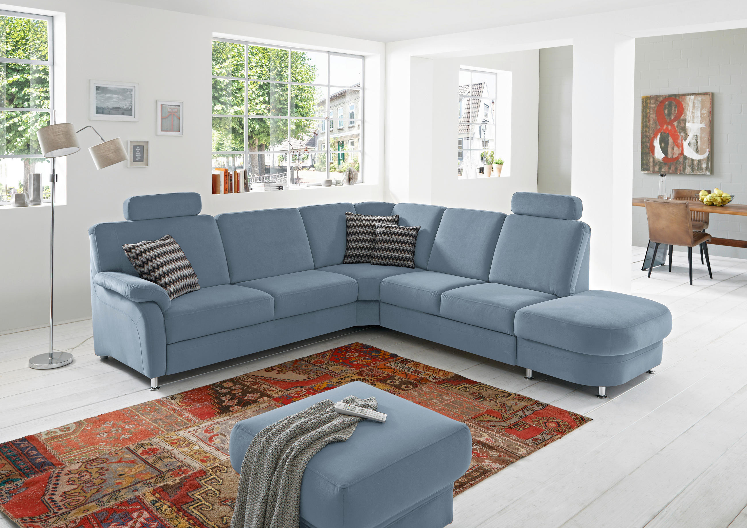 ECKSOFA in Flachgewebe Blau  - Blau/Alufarben, Konventionell, Textil/Metall (269/287cm) - Beldomo System