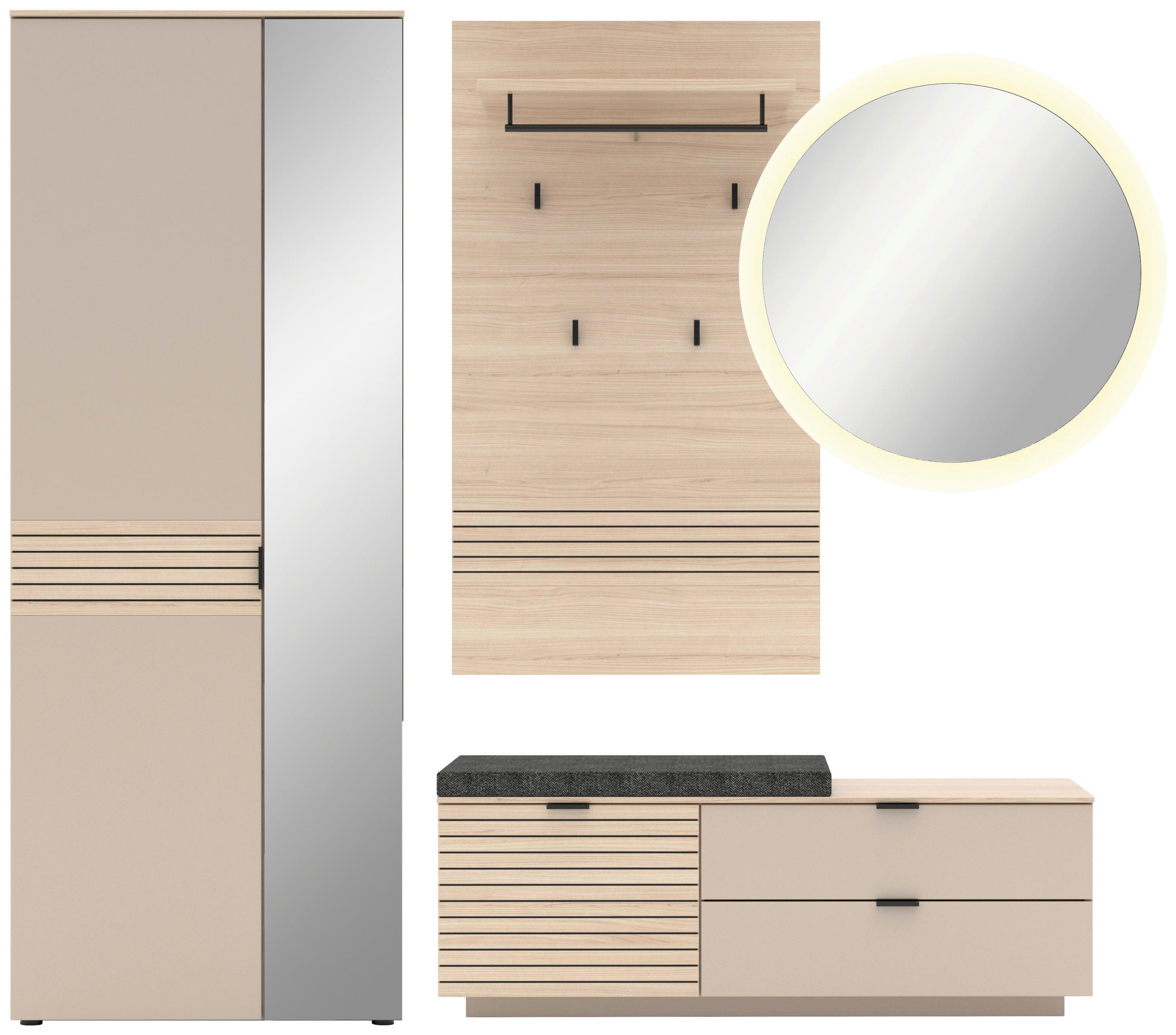 GARDEROBE 5-teilig  in 236/202/38 cm  - Kaschmir/Eichefarben, Design, Glas/Holzwerkstoff (236/202/38cm) - Xora