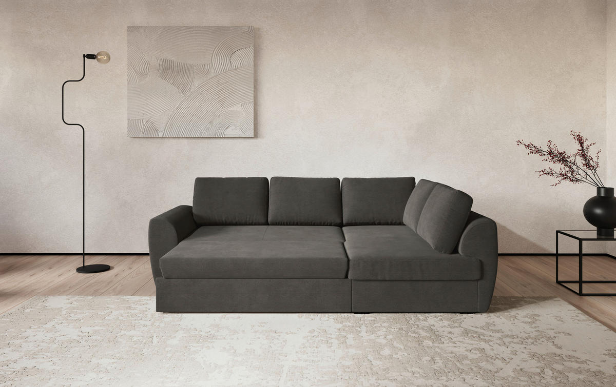 ECKSOFA Anthrazit Cord Zierkissen, Bettkasten  - Anthrazit/Schwarz, Trend, Kunststoff/Textil (253/154cm) - MID.YOU