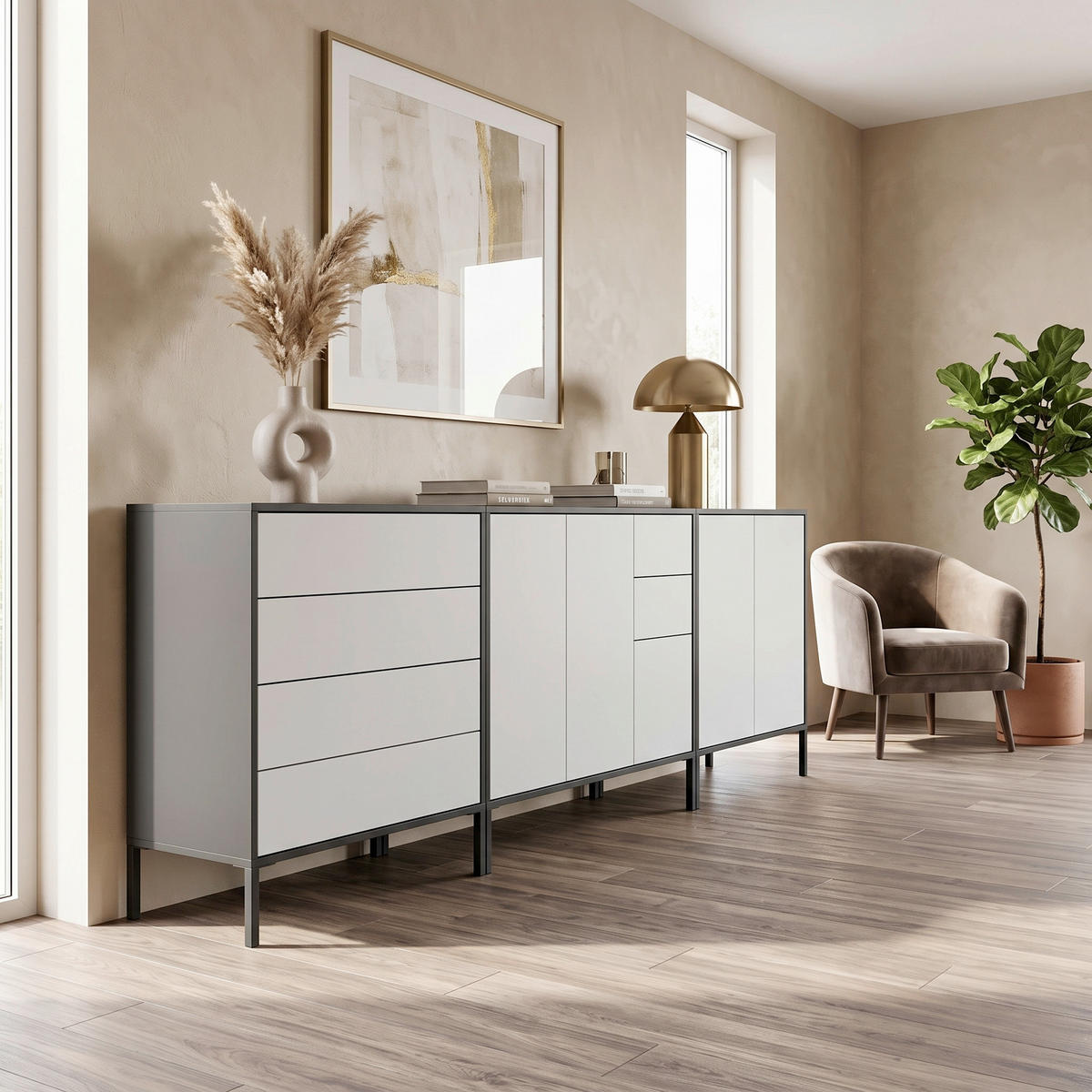 SIDEBOARD  263,5/86/33 cm 6 Schublade(n)  - Anthrazit/Weiß, MODERN, Holzwerkstoff/Metall (263,5/86/33cm) - MID.YOU