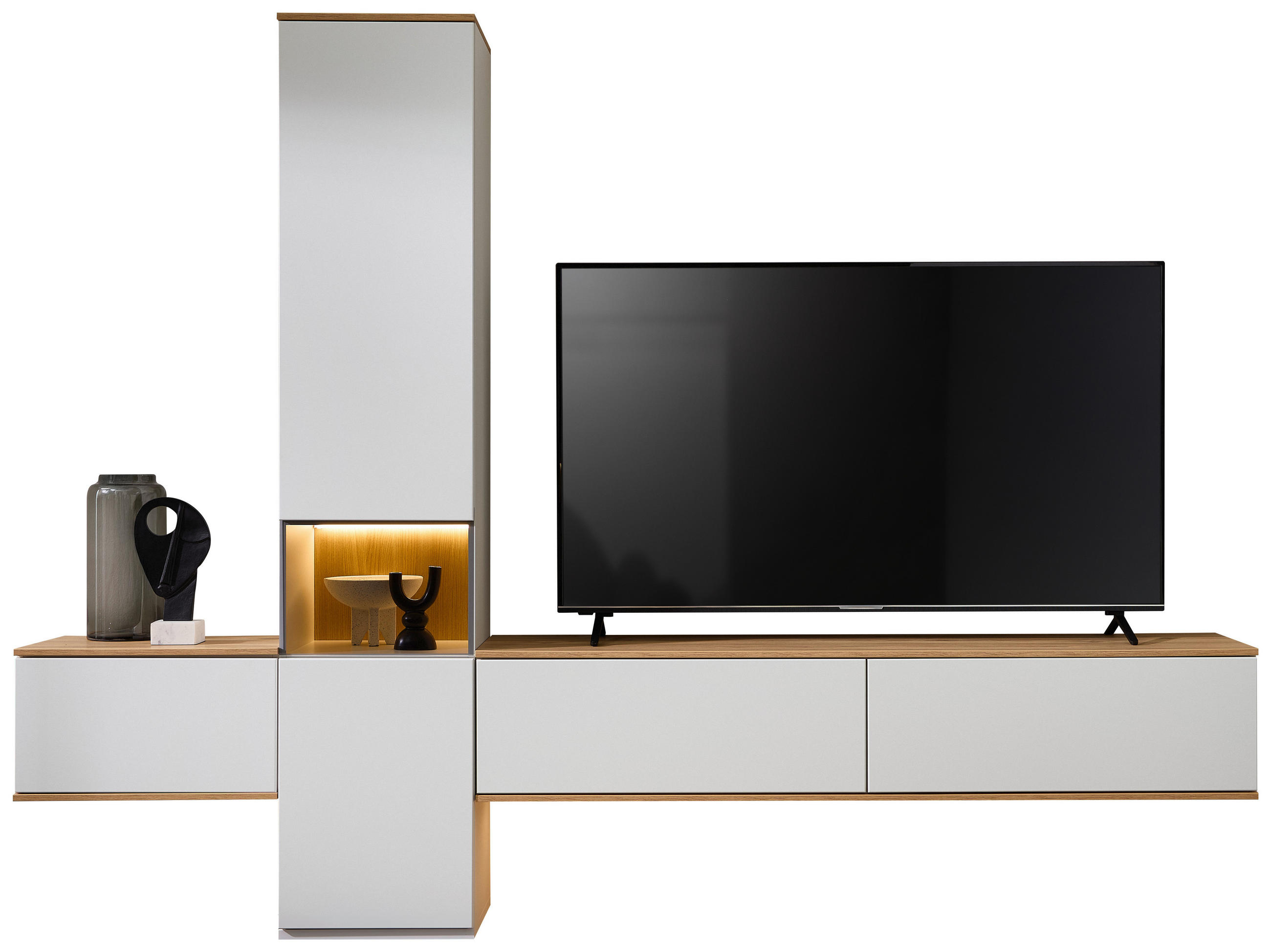 WOHNWAND  in Weiß, Eichefarben  285/215/40 cm  - Eichefarben/Schwarz, KONVENTIONELL, Glas/Holzwerkstoff (285/215/40cm) - Venda