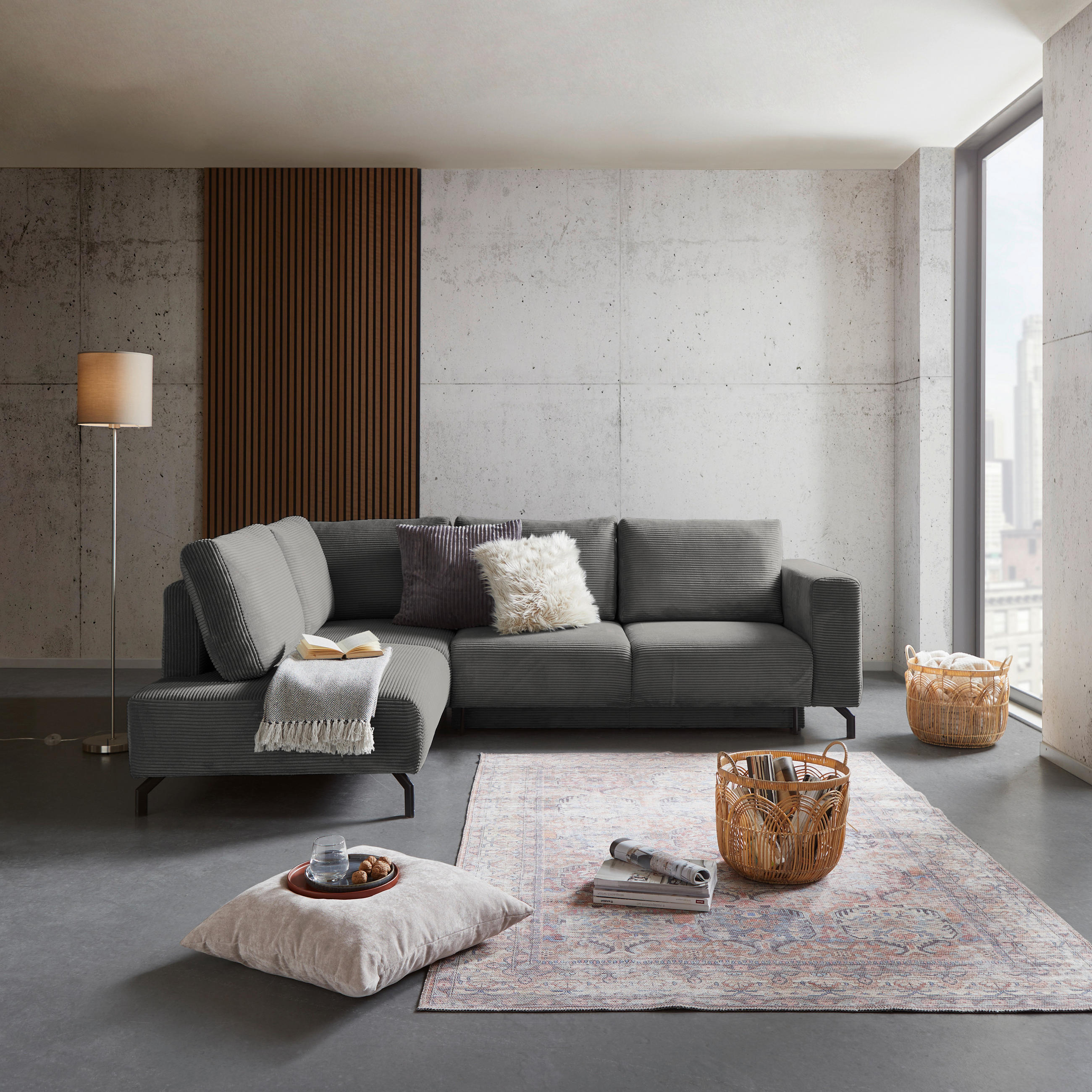 ECKSOFA Grau Cord  - Schwarz/Grau, MODERN, Textil (210/272cm) - P & B