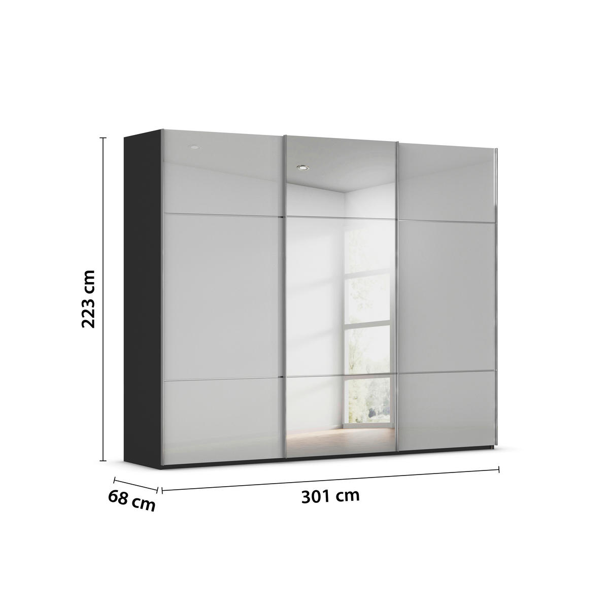 SCHWEBETÜRENSCHRANK in Grau, Schwarz  - Chromfarben/Schwarz, Konventionell, Glas/Holzwerkstoff (301/223/68cm) - Novel