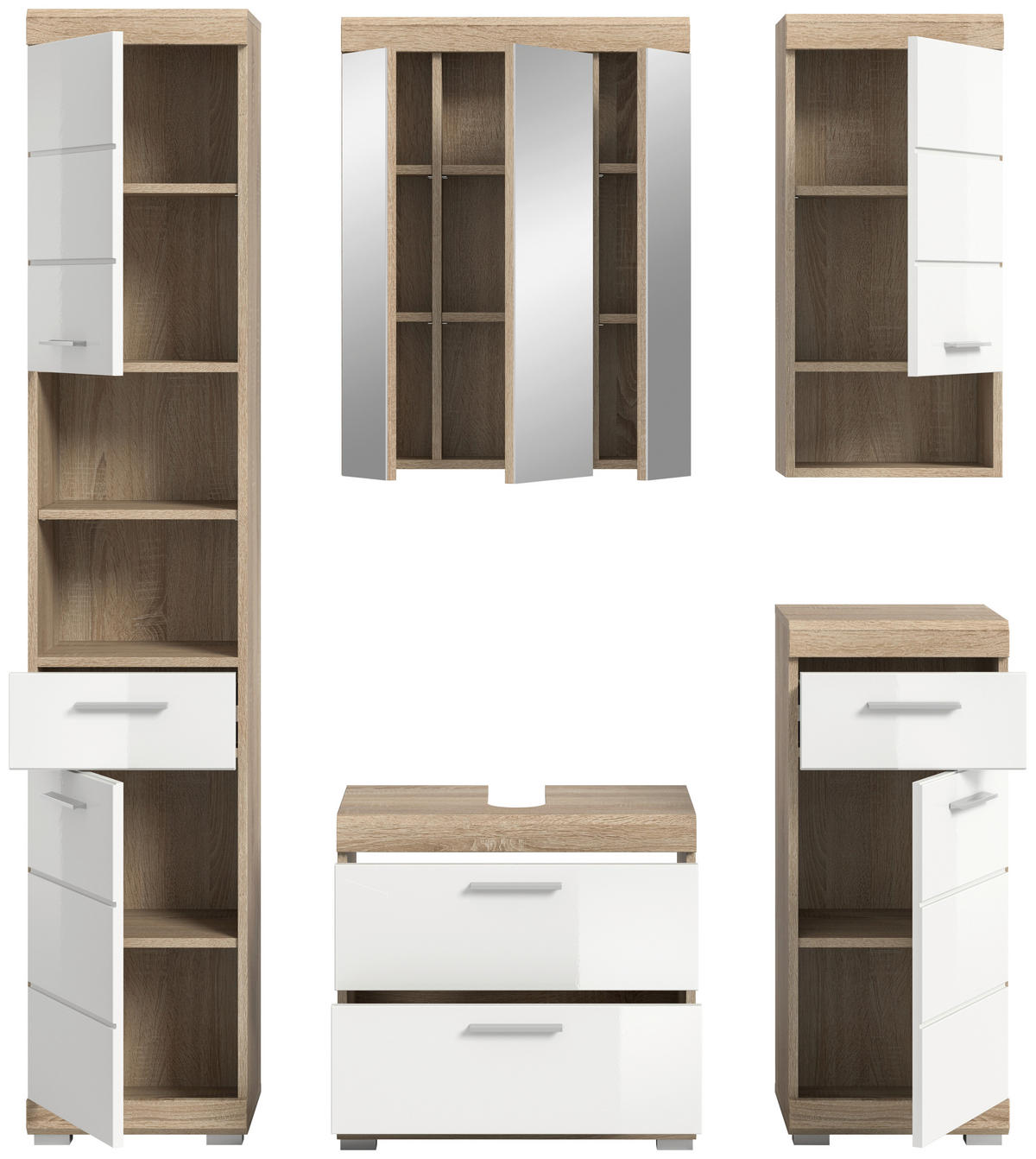 BADEZIMMER 5-teilig  in 134 cm  - Weiß Hochglanz/Silberfarben, MODERN, Glas/Holzwerkstoff (134cm) - MID.YOU