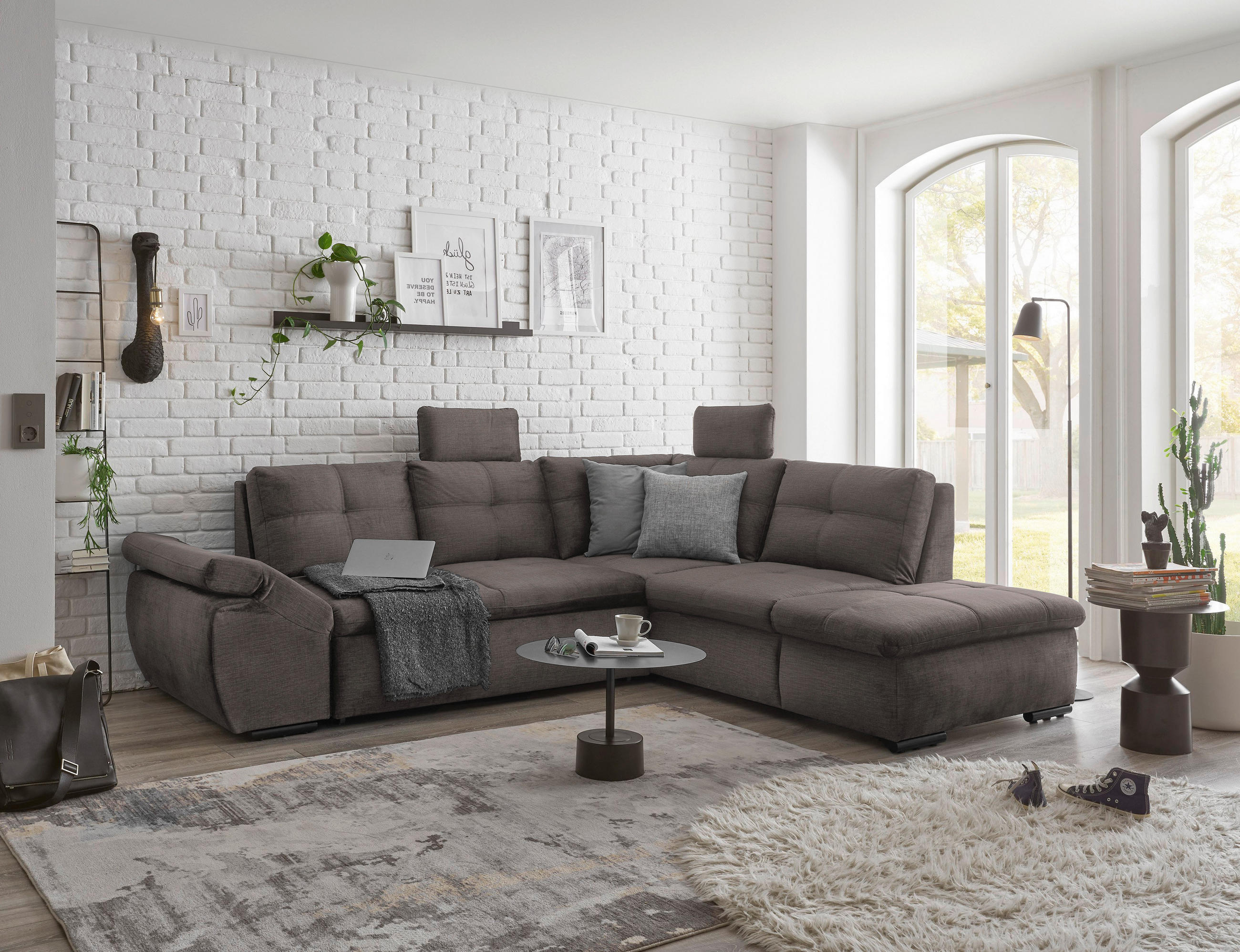 ECKSOFA in Mikrovelours Graubraun  - Graubraun/Schwarz, Konventionell, Kunststoff/Textil (265/217cm) - Carryhome