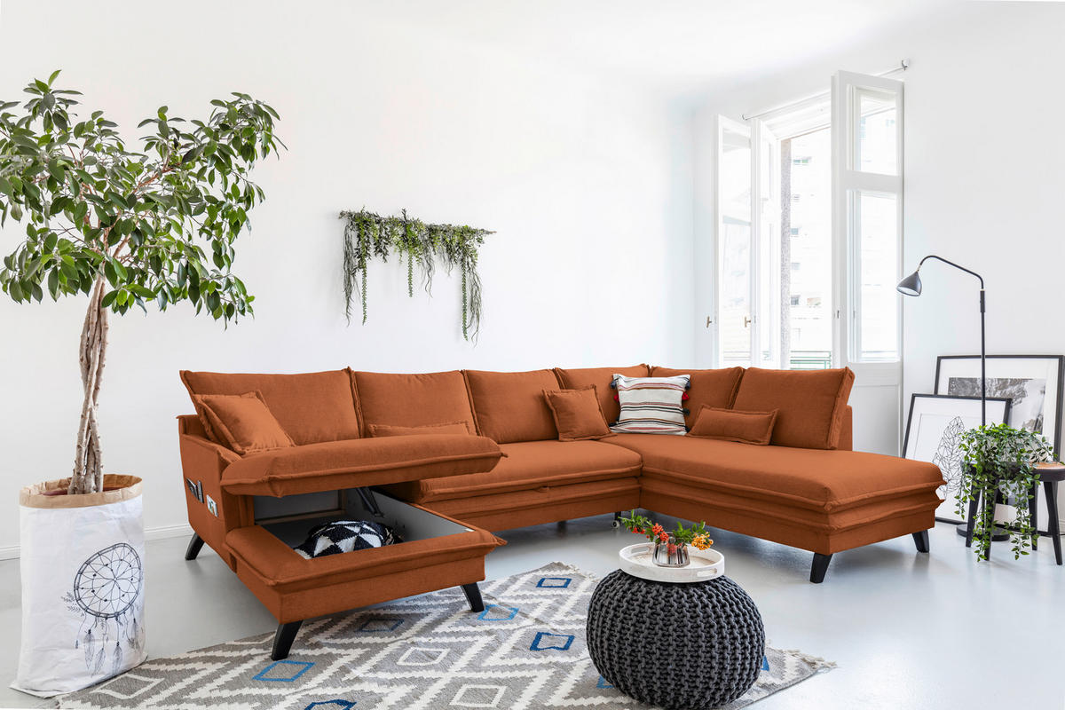WOHNLANDSCHAFT Terracotta Mikrofaser  - Terracotta/Schwarz, Design, Holz/Textil (150/300/200cm) - P & B
