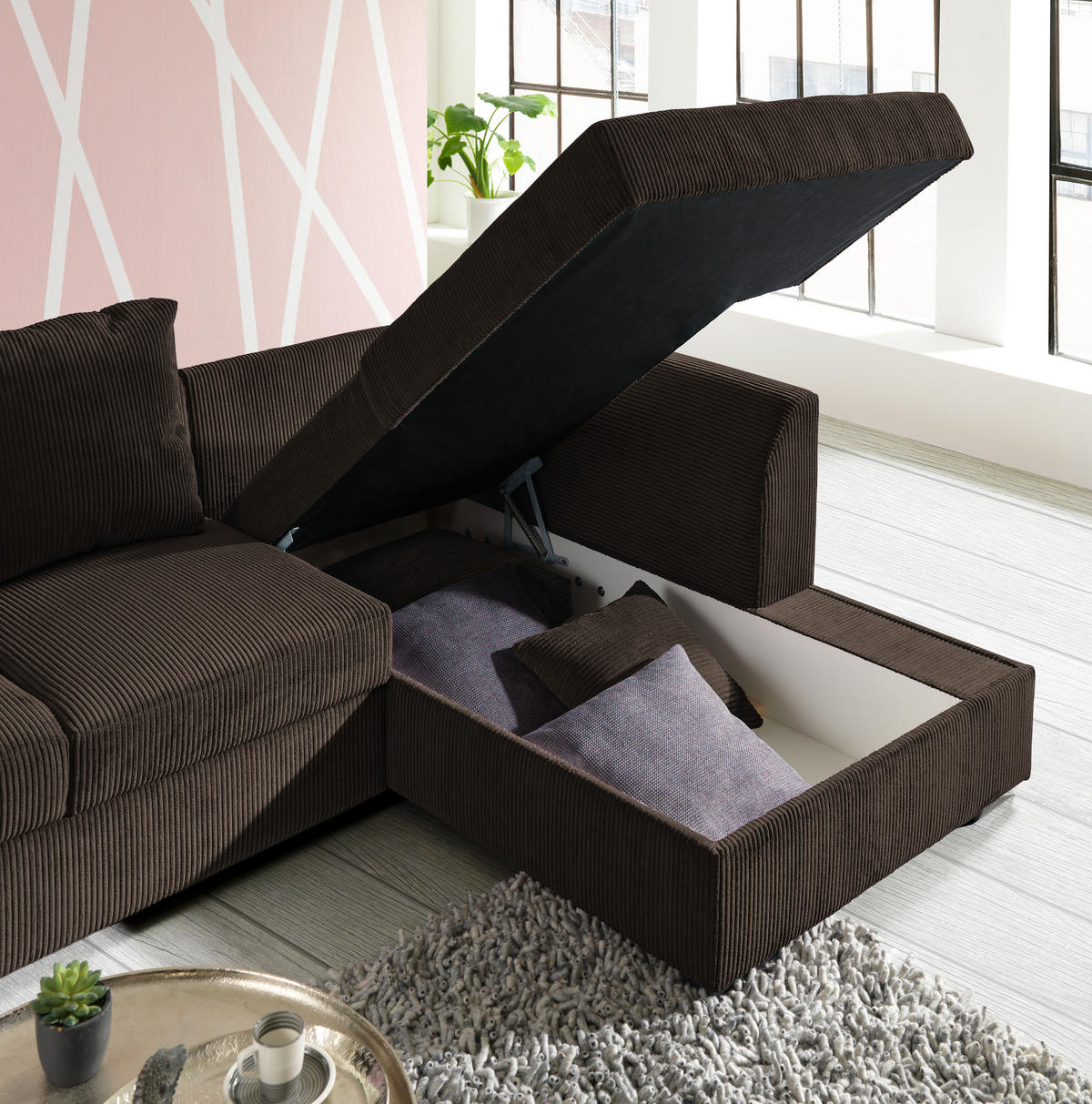 ECKSOFA in Cord Dunkelbraun  - Dunkelbraun/Schwarz, Design, Kunststoff/Textil (259/174cm) - Cantus