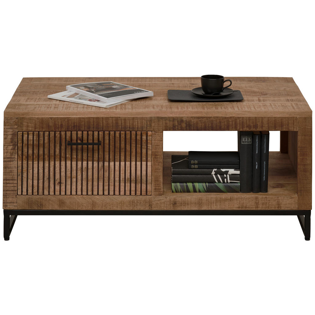 Thumbnail - Carryhome Couchtisch, Natur, Metall, Mangoholz, massiv, Struktur, 1 Schubladen, rechteckig, eckig, Kufe, 60x45x110 cm, S...