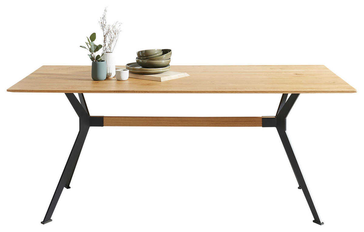 ESSTISCH Eiche Hartholz rechteckig Schwarz, Eichefarben  - Eichefarben/Schwarz, Natur, Holz/Metall (180/90/75cm) - Linea Natura
