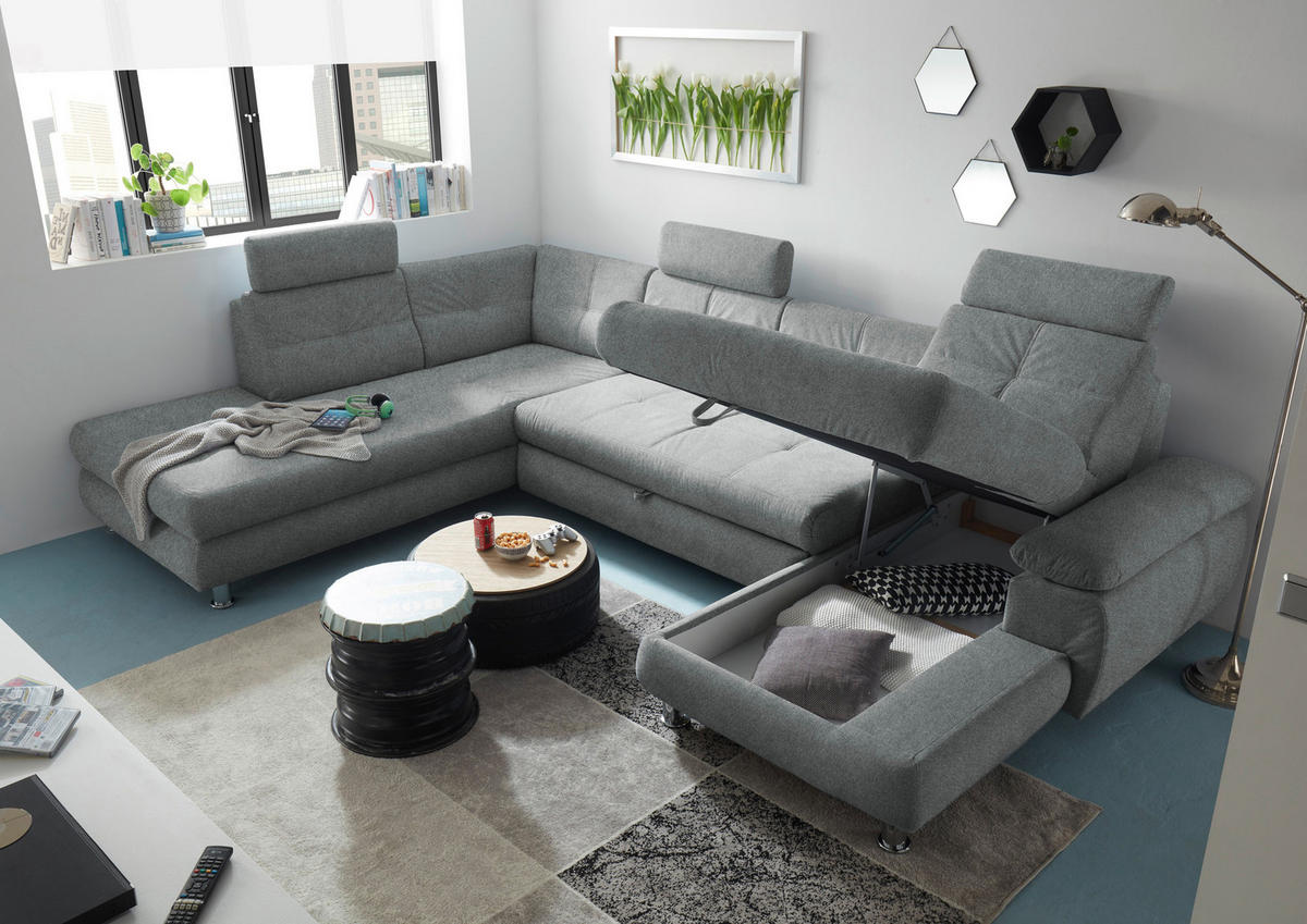 WOHNLANDSCHAFT Hellgrau Webstoff  - Hellgrau, MODERN, Kunststoff/Textil (233/349/177cm) - MID.YOU