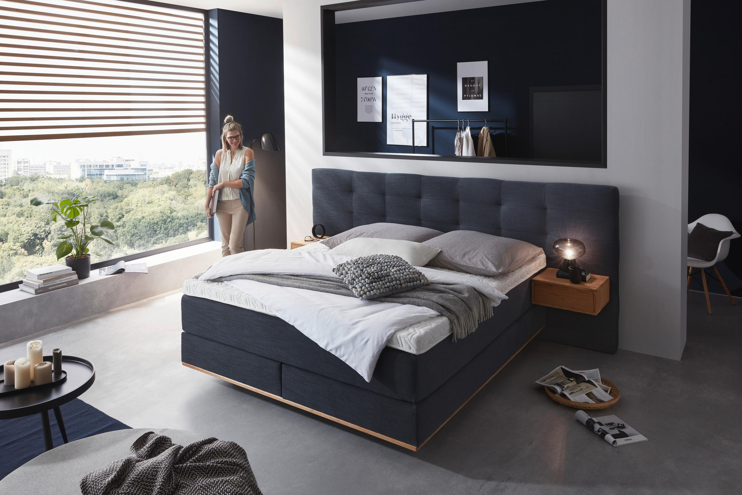 BOXSPRINGBETT 180/200 cm  in Dunkelblau  - Eichefarben/Dunkelblau, Konventionell, Holz/Textil (180/200cm) - Dieter Knoll