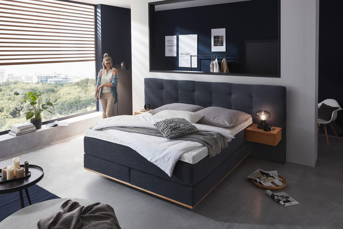 BOXSPRINGBETT 180/200 cm  in Dunkelblau  - Eichefarben/Dunkelblau, Konventionell, Holz/Textil (180/200cm) - Dieter Knoll