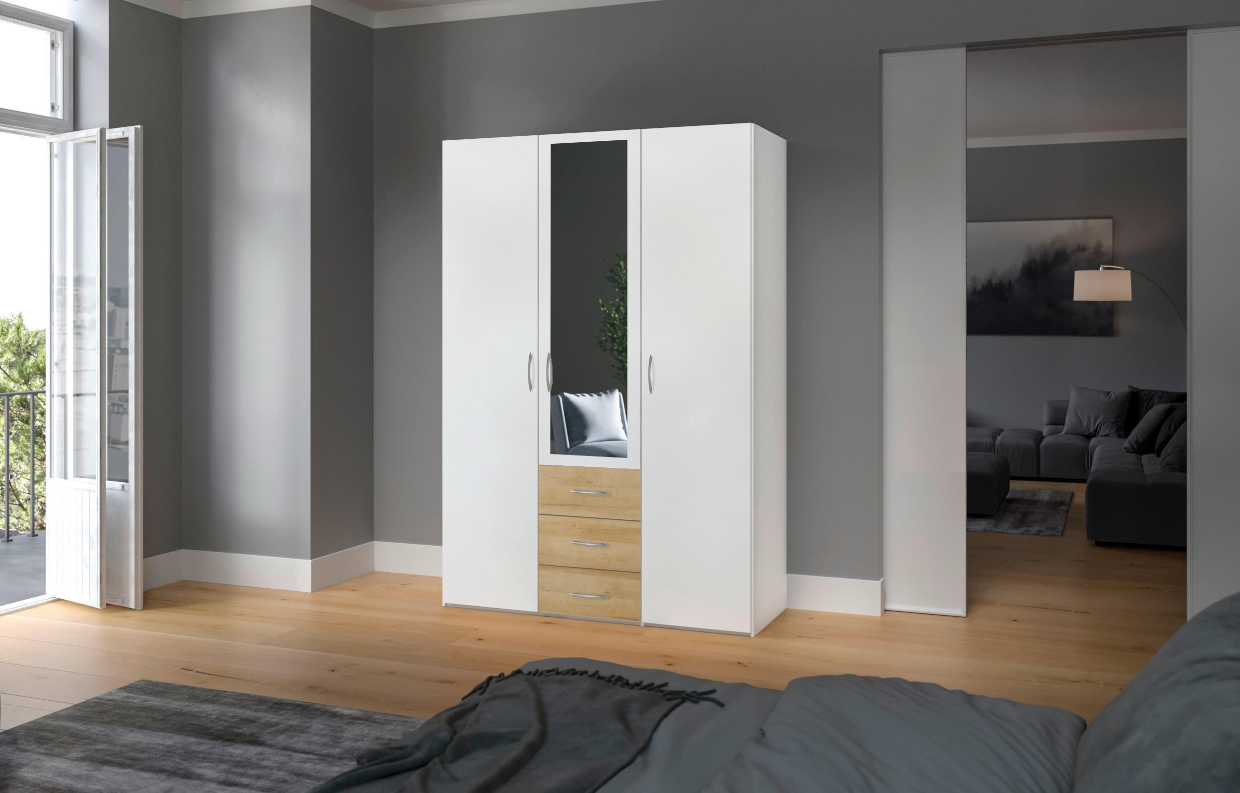 KLEIDERSCHRANK 152/215/59 cm 3-türig Weiß, Eichefarben  - Eichefarben/Silberfarben, Design, Glas/Holzwerkstoff (152/215/59cm) - Boxxx
