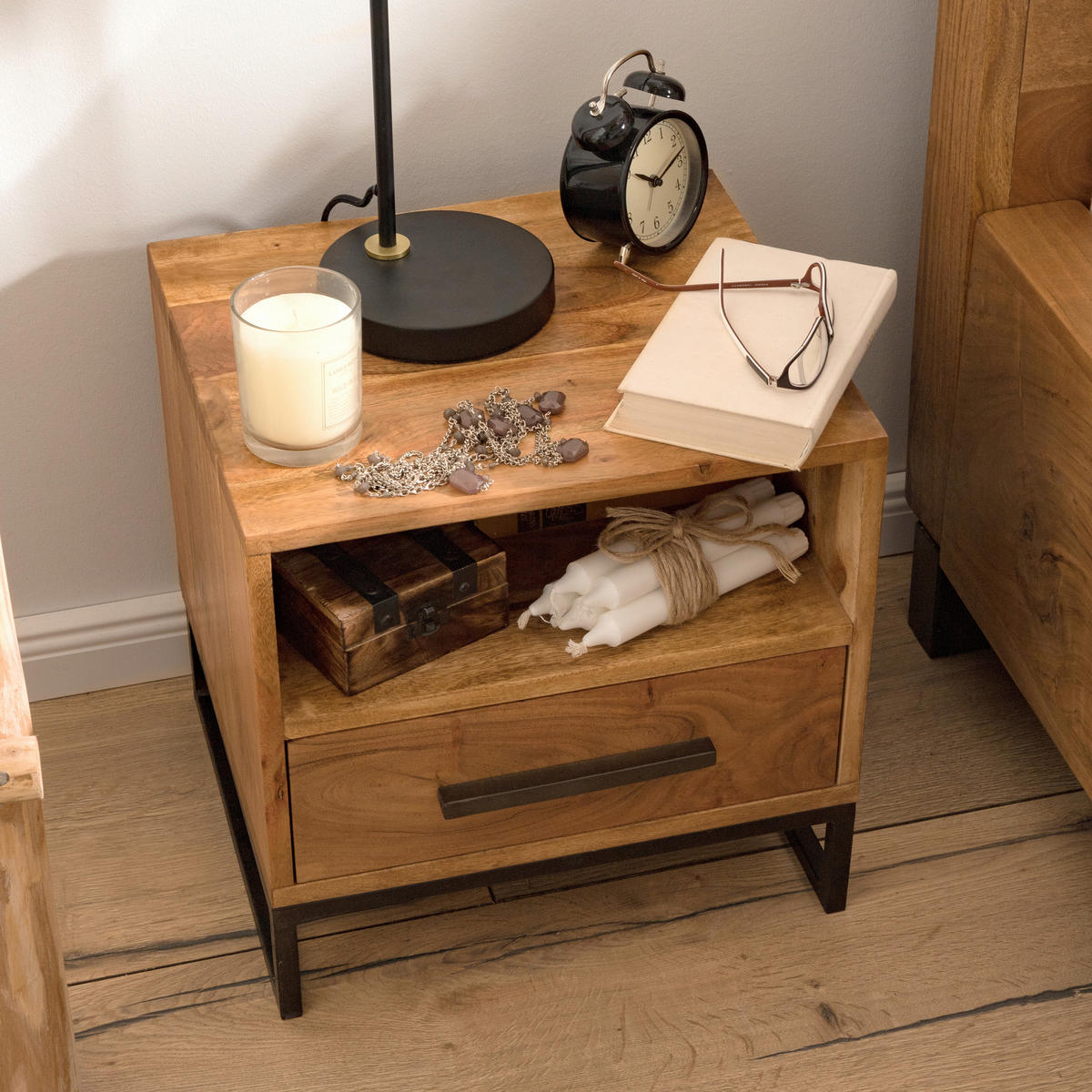 NACHTSCHRANK 40/40/35 cm Akazie massiv, vollmassiv  - Schwarz/Akaziefarben, Design, Holz/Metall (40/40/35cm) - home24