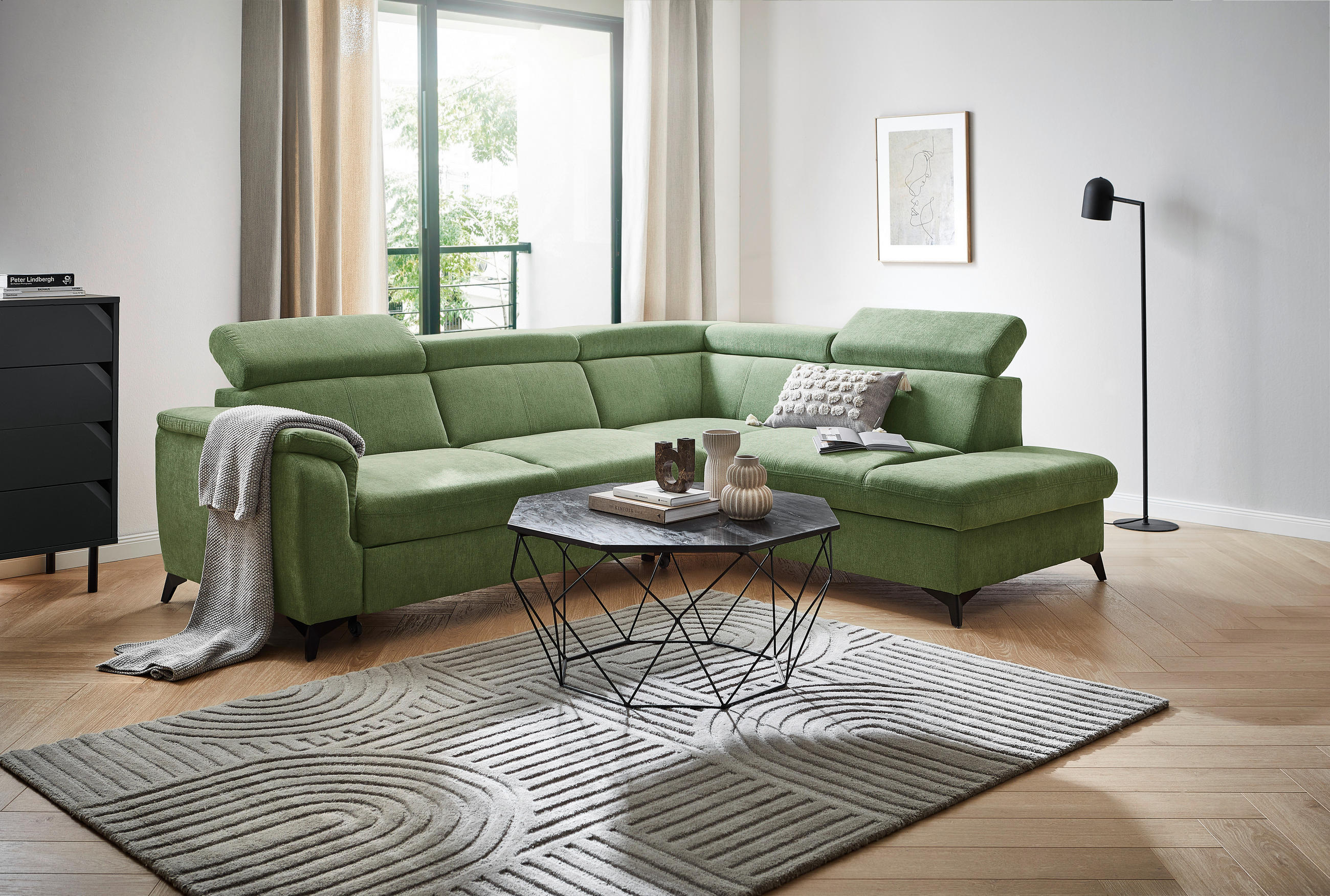 Ecksofa inkl. Funktionen in Chenille Hellgrün  - Schwarz/Hellgrün, Design, Textil/Metall (260/203cm) - Stylife