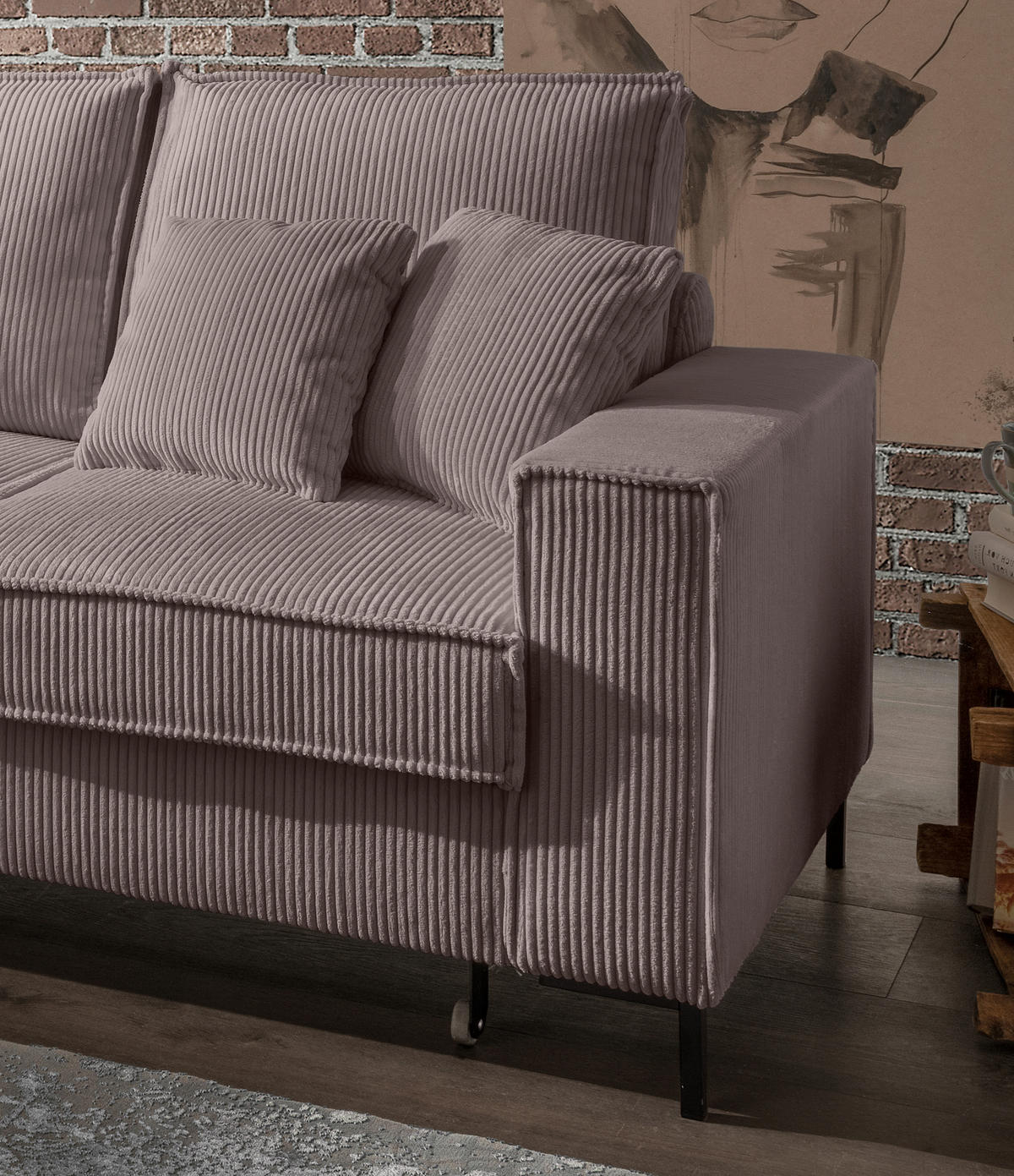 ECKSOFA Graubraun Cord  - Graubraun/Schwarz, MODERN, Textil/Metall (150/240cm) - Livetastic