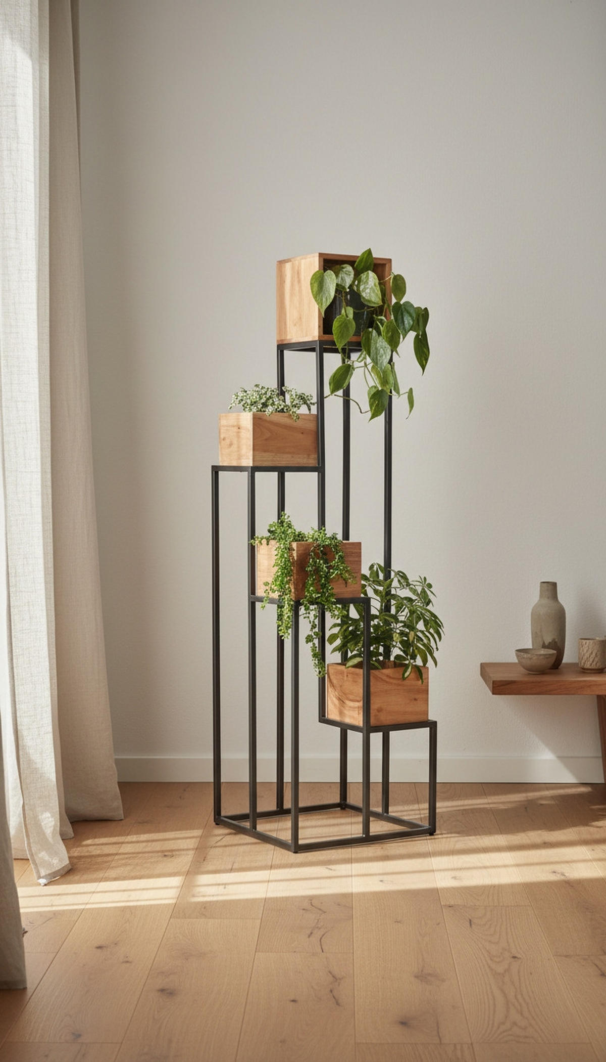 BLUMENSTÄNDER in Holz, Metall 42,5/42,5/150 cm  - Schwarz/Akaziefarben, Trend, Holz/Metall (42,5/42,5/150cm) - Ambia Home