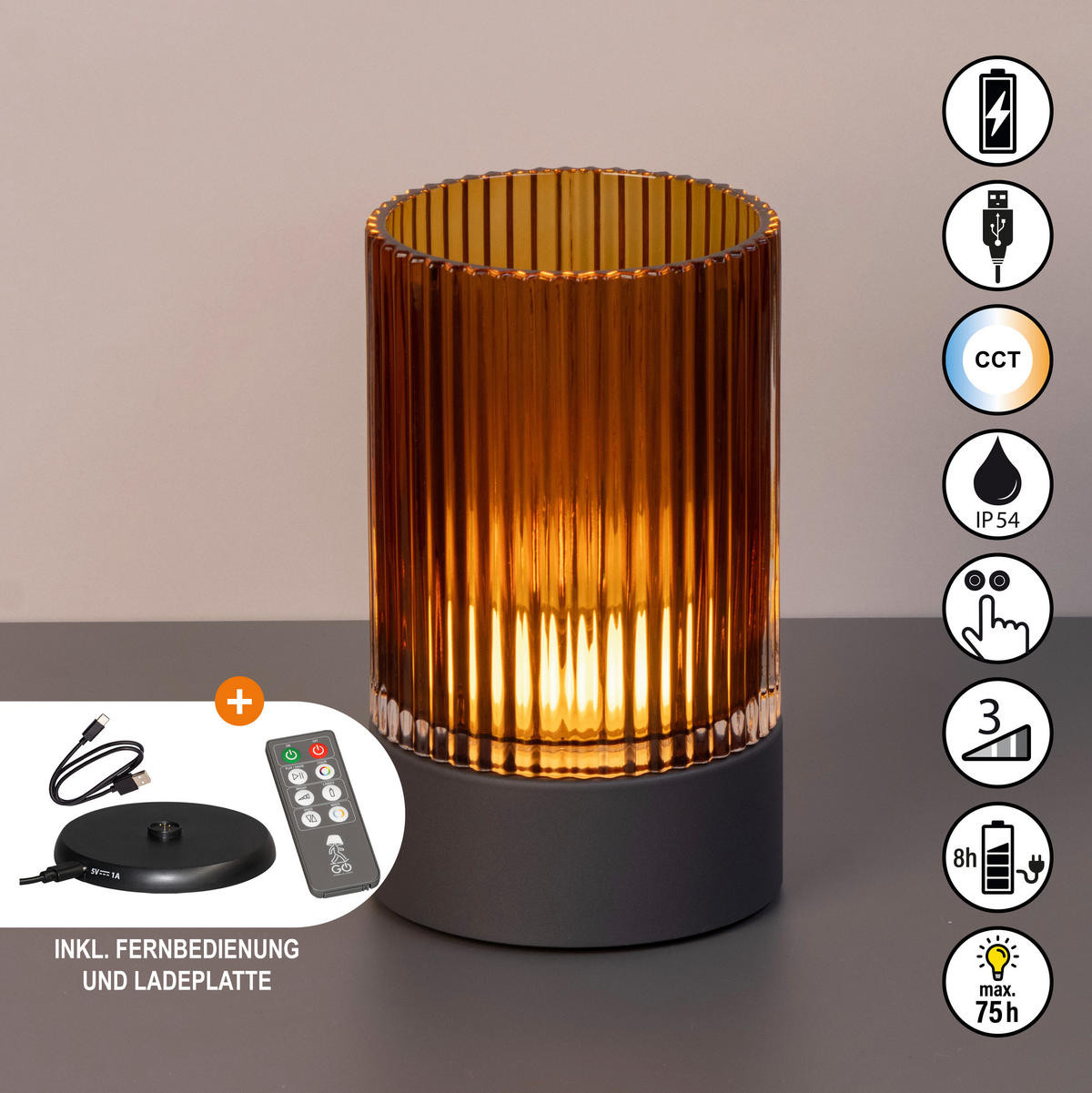 AKKU-TISCHLEUCHTE Ariva Pro 12/20 cm  - Cognac/Graubraun, Design, Glas/Metall (12/20cm)