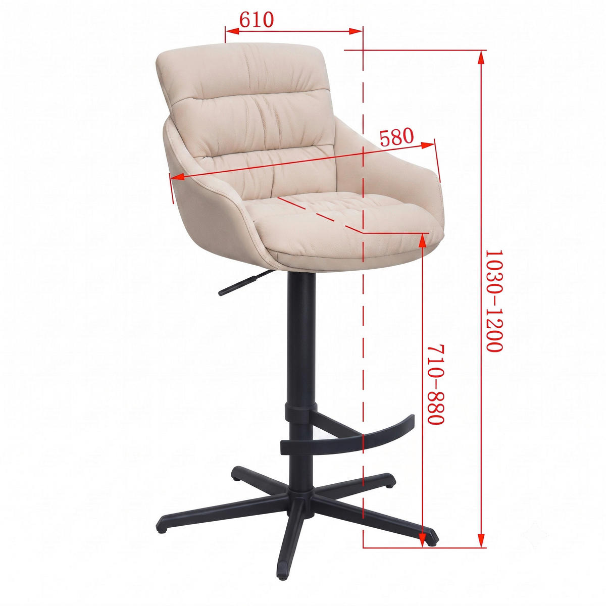 BARHOCKER Webstoff Echtleder Beige Stahl Sitzfläche 360° drehbar, inklusive Armlehnen, automatische Rückholfunktion  - Beige/Schwarz, Design, Leder/Textil (58/103-120/61cm) - Dieter Knoll