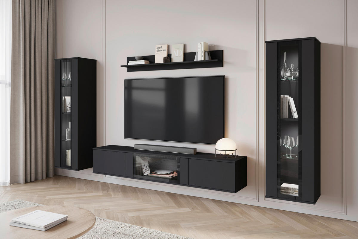 WOHNWAND 4-teilig  in Schwarz  262/141,9/33 cm  - Schwarz, Trend, Glas/Holzwerkstoff (262/141,9/33cm) - Livetastic