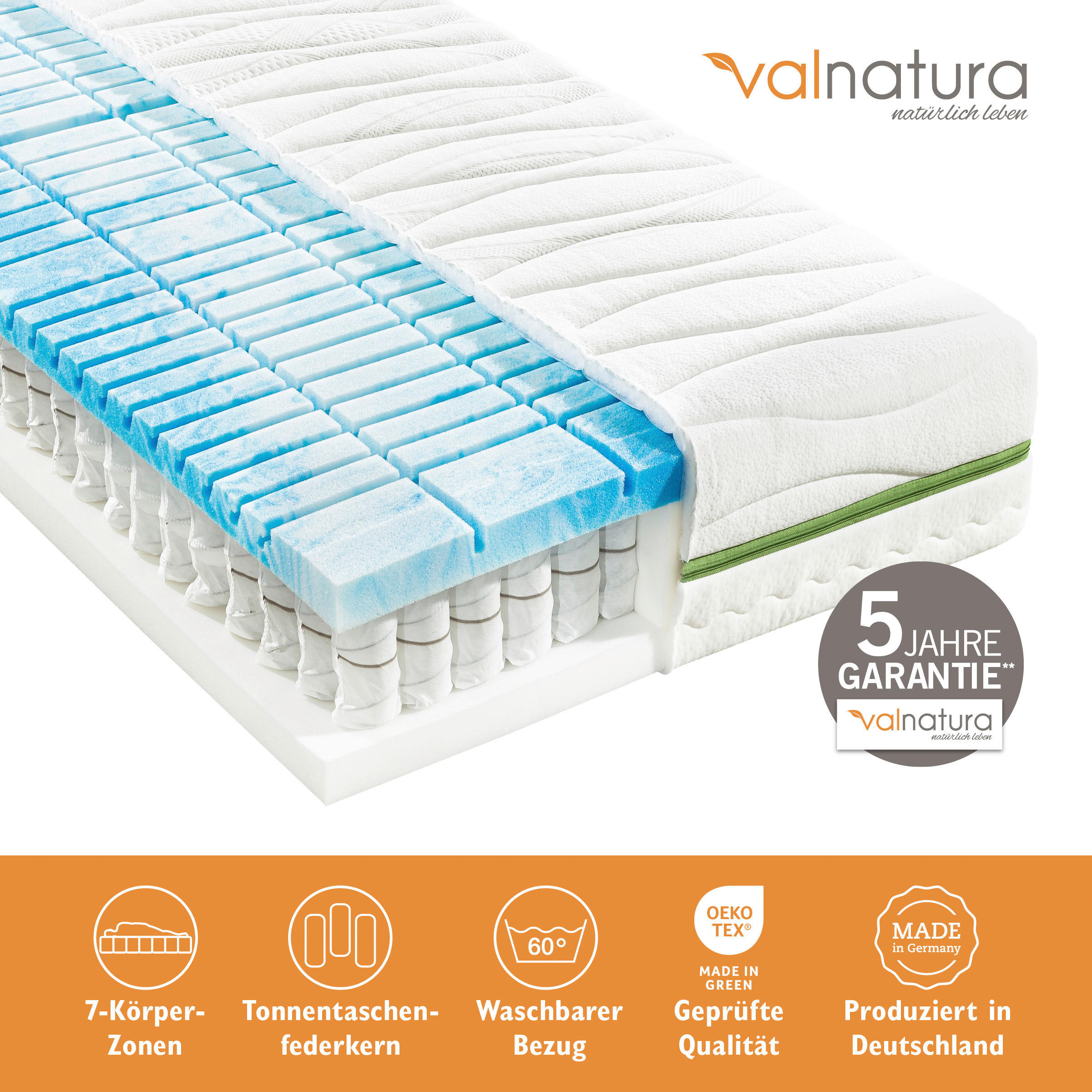 GEL-TASCHENFEDERKERNMATRATZE 90/190 cm Höhe ca. 22 cm 7 -Zonen - Weiß, Basics, Textil (90/190cm) - Valnatura