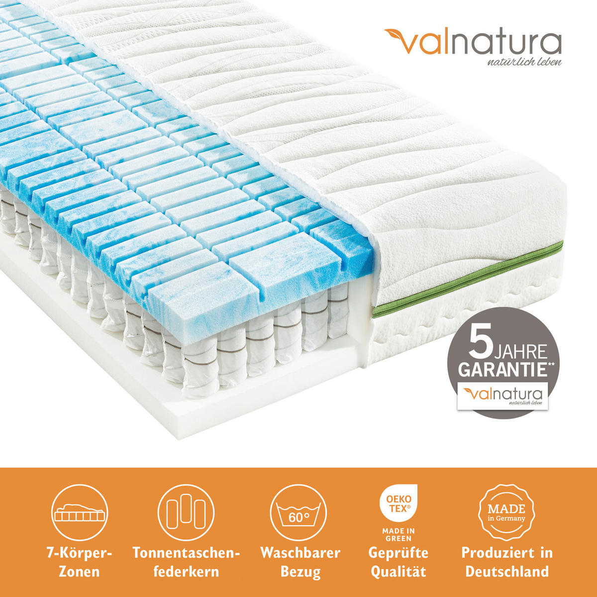 GEL-TASCHENFEDERKERNMATRATZE 80/200 cm Höhe ca. 22 cm 7 -Zonen - Weiß, Basics, Textil (80/200cm) - Valnatura