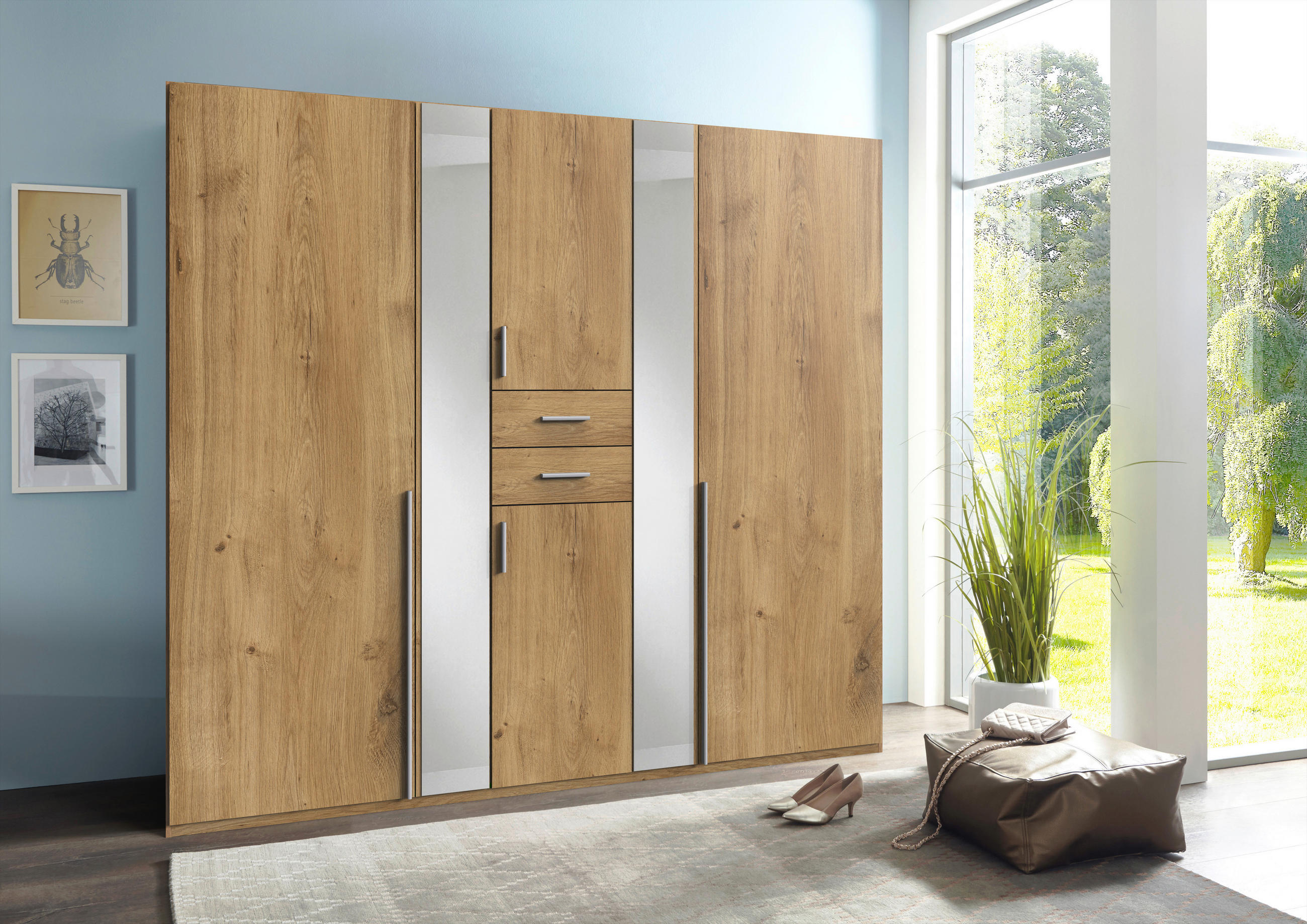 KLEIDERSCHRANK 225/208/58 cm,  in Plankeneiche, 6-türig  - Plankeneiche/Alufarben, KONVENTIONELL, Glas/Holzwerkstoff (225/208/58cm) - Carryhome