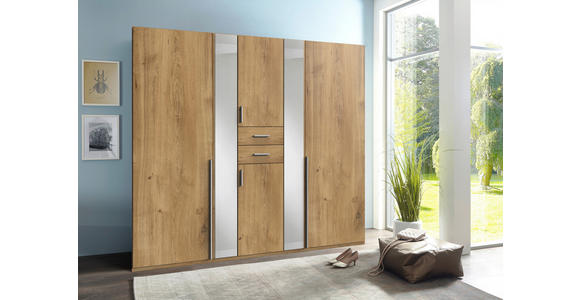 KLEIDERSCHRANK 225/208/58 cm,  in Plankeneiche, 6-türig  - Plankeneiche/Alufarben, KONVENTIONELL, Glas/Holzwerkstoff (225/208/58cm) - Carryhome