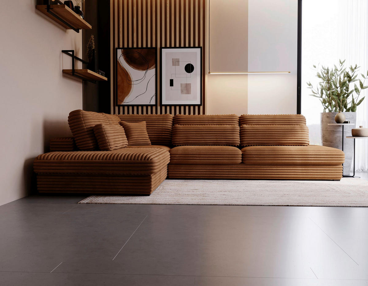 ECKSOFA Rostfarben Cord, Plüsch  - Rostfarben/Schwarz, Design, Kunststoff/Textil (244/332cm) - Livetastic