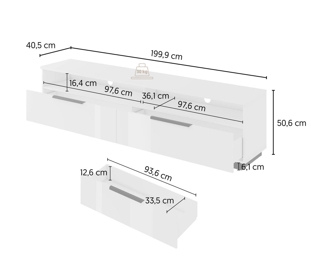 LOWBOARD Tuluza 199,9/50,6/40,5 cm 2 Schublade(n) stehend  - Weiss Hochglanz/Weiss, Design, Holzwerkstoff/Metall (199,9/50,6/40,5cm) - MID.YOU