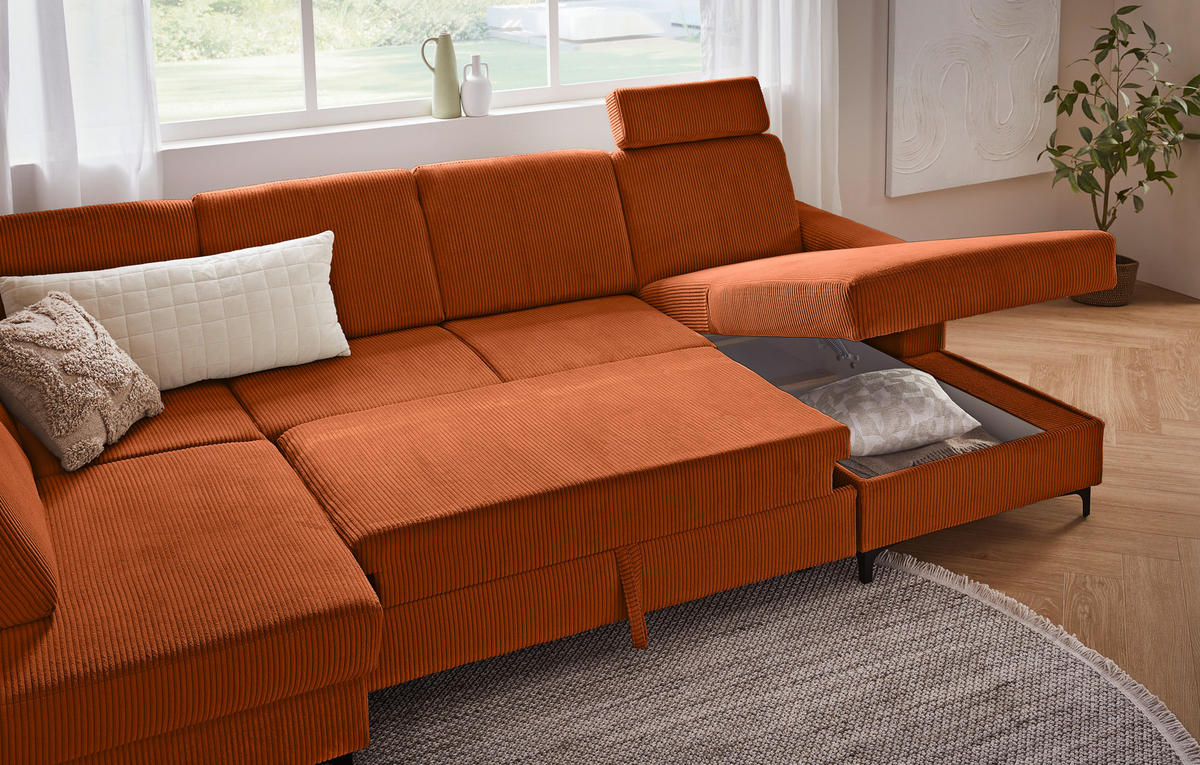 WOHNLANDSCHAFT ink. Funktionen Terracotta Cord  - Terracotta/Schwarz, KONVENTIONELL, Textil/Metall (185/317/167cm) - Stylife