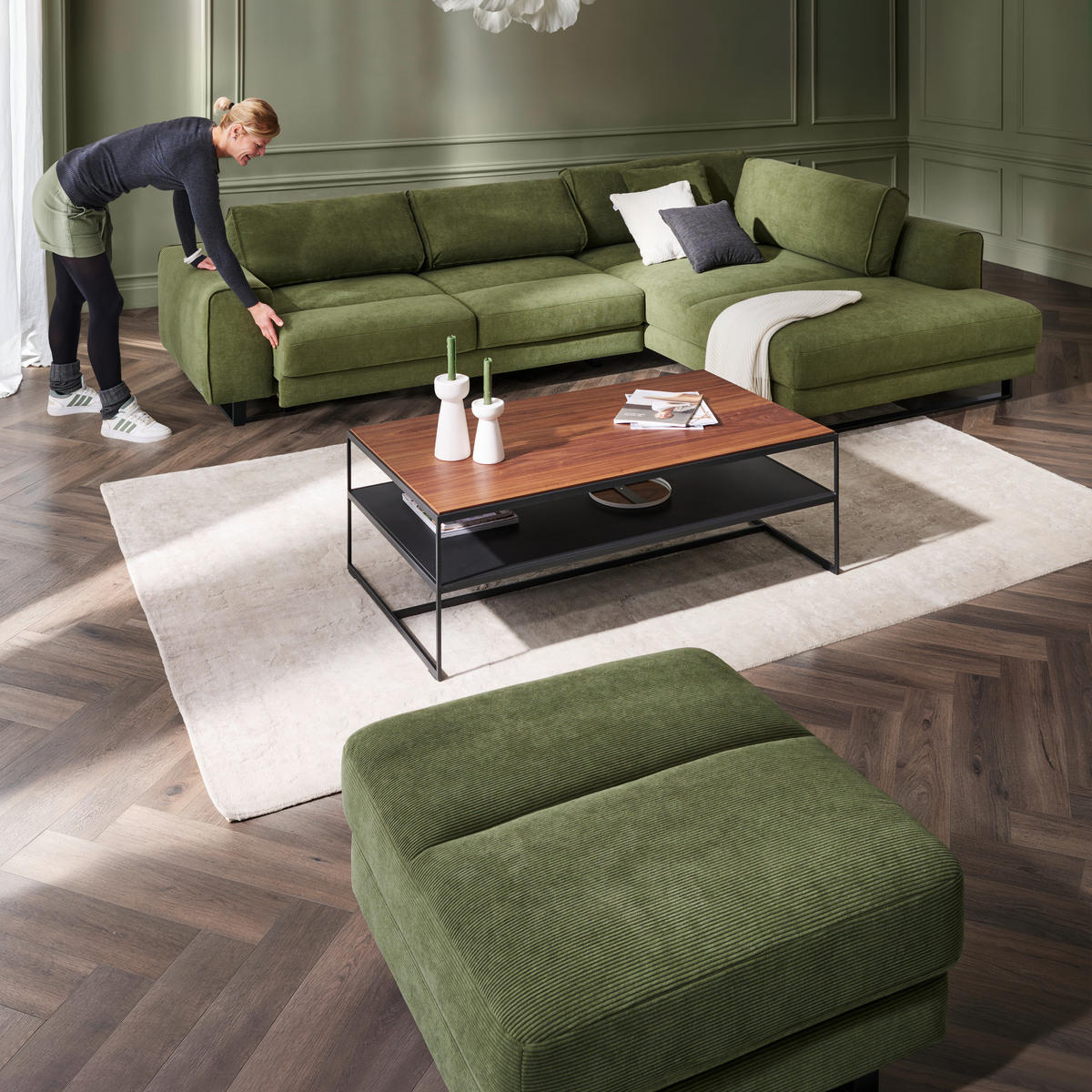 ECKSOFA Cord Olivgrün  - Schwarz/Olivgrün, Design, Textil/Metall (314/211cm) - Sedda