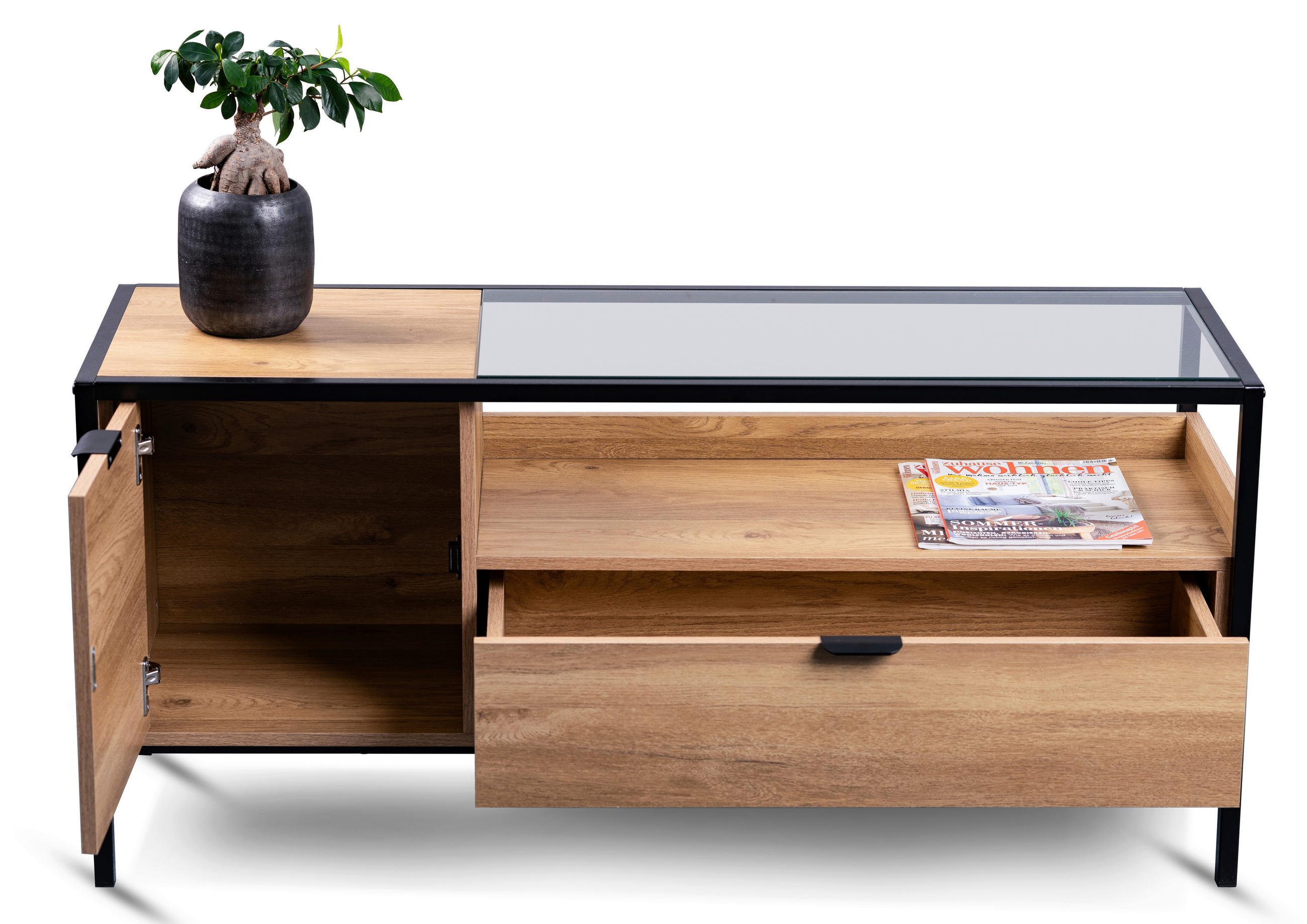 TV-ELEMENT - Eichefarben/Schwarz, Basics, Glas/Holzwerkstoff (120/55/40cm) - Xora