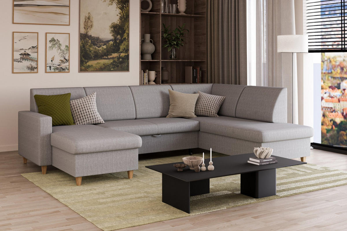 WOHNLANDSCHAFT Bouclé Hellgrau  - Buchefarben/Hellgrau, Design, Holz/Holzwerkstoff (310/160/145cm) - MID.YOU