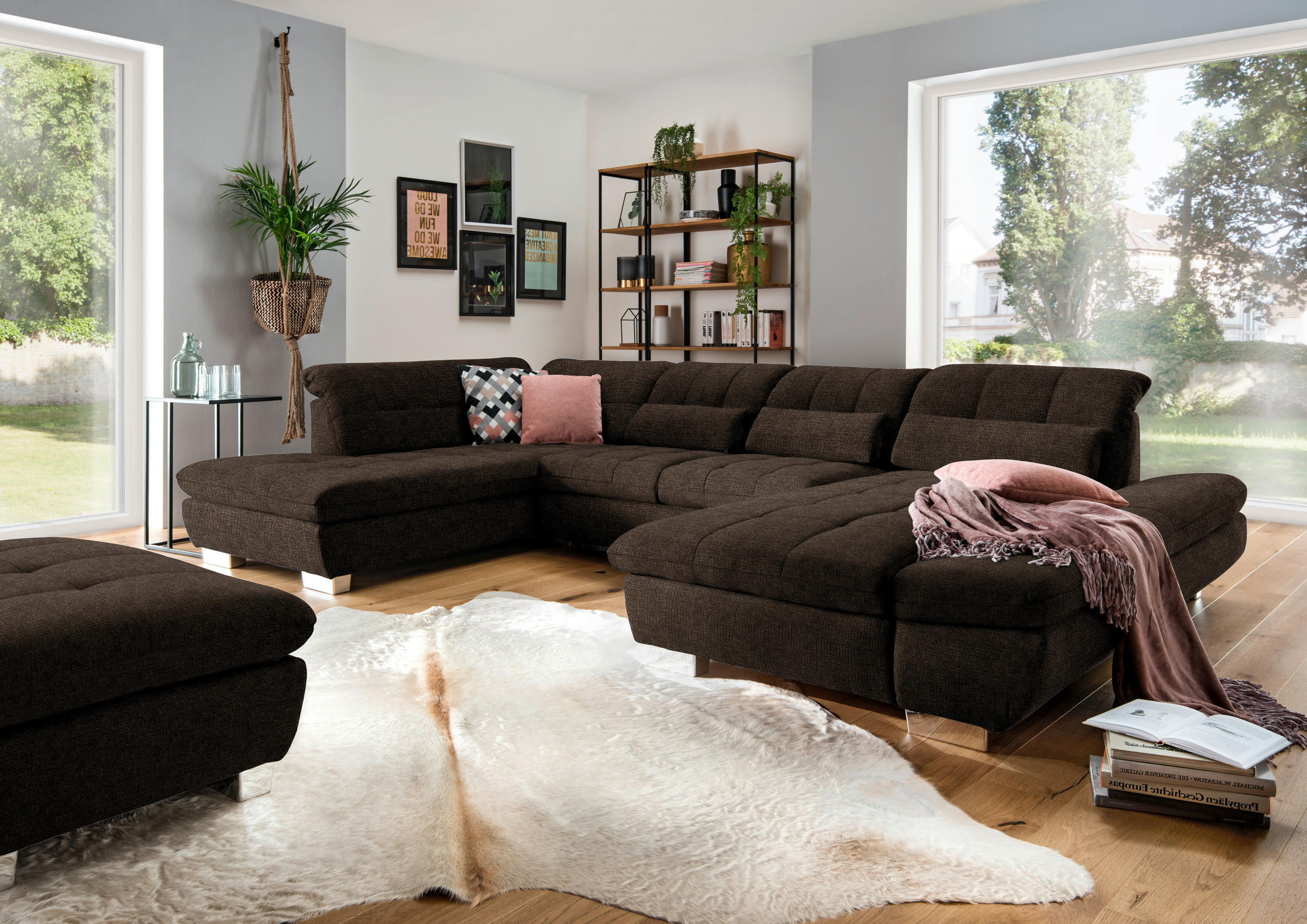 WOHNLANDSCHAFT in Mikrofaser Braun  - Chromfarben/Braun, Design, Kunststoff/Textil (211/350/204cm) - Xora