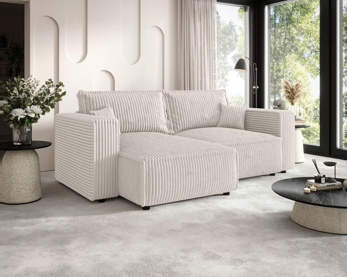 ECKSOFA Creme Cord Zierkissen, Rückenkissen, Schlaffunktion, Rücken echt  - Creme/Schwarz, MODERN, Kunststoff/Textil (153/250cm) - Xora